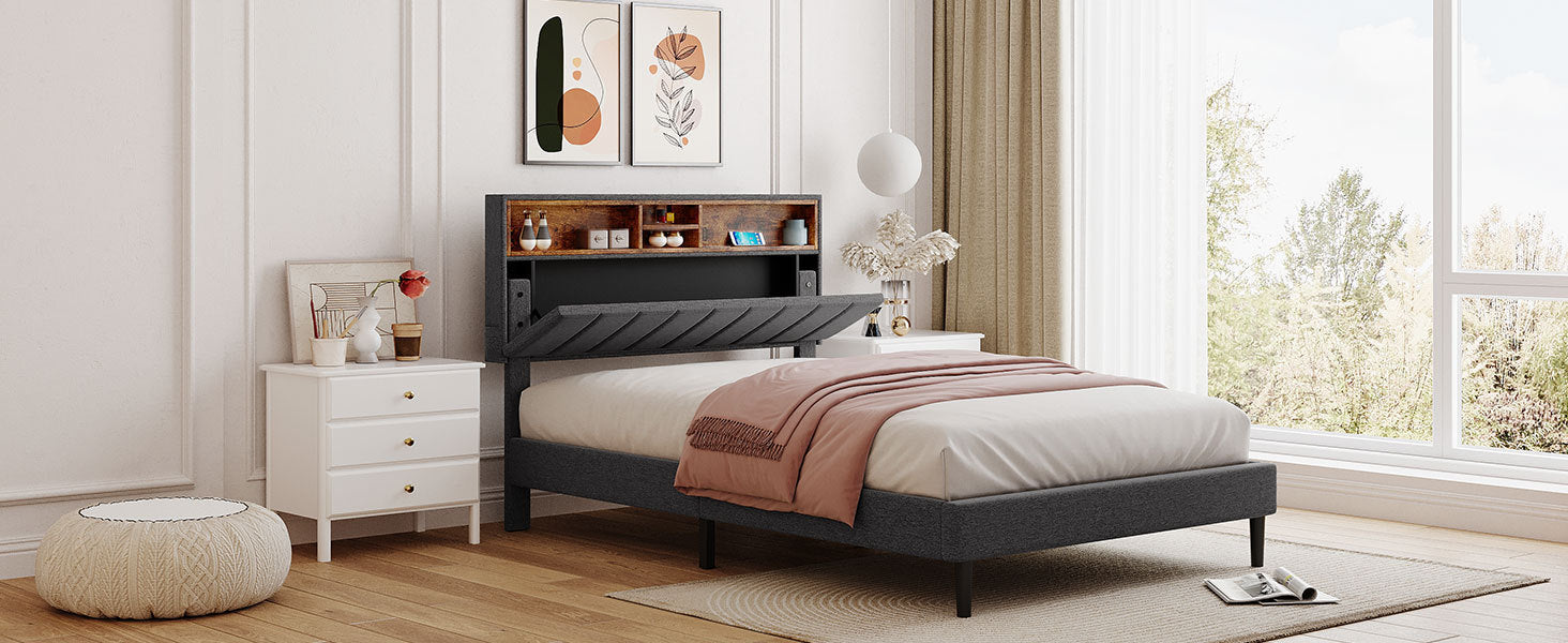 Full size Upholstered Platform Bed with Storage Headboard and USB Port, Linen Fabric Upholstered Bed (Gray)