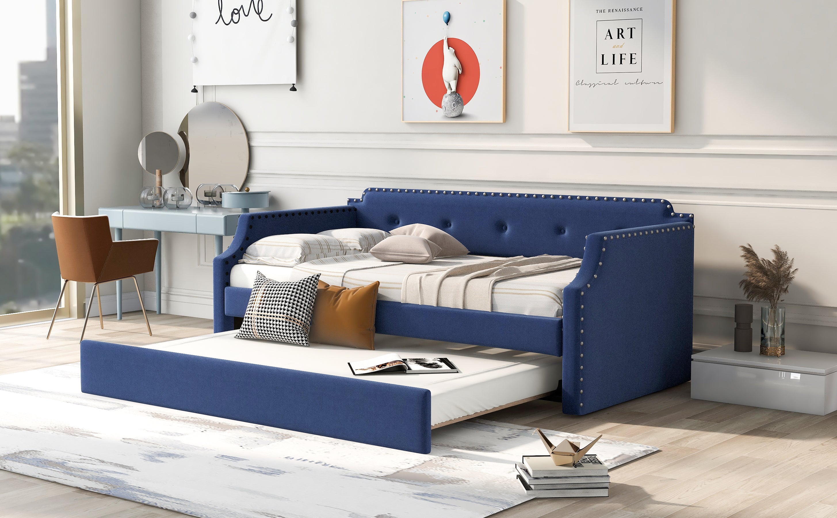Upholstered Daybed with Trundle, Wood Slat Support,Upholstered Frame Sofa Bed , Twin,Blue - Atlantic Fine Furniture Melbourne FL