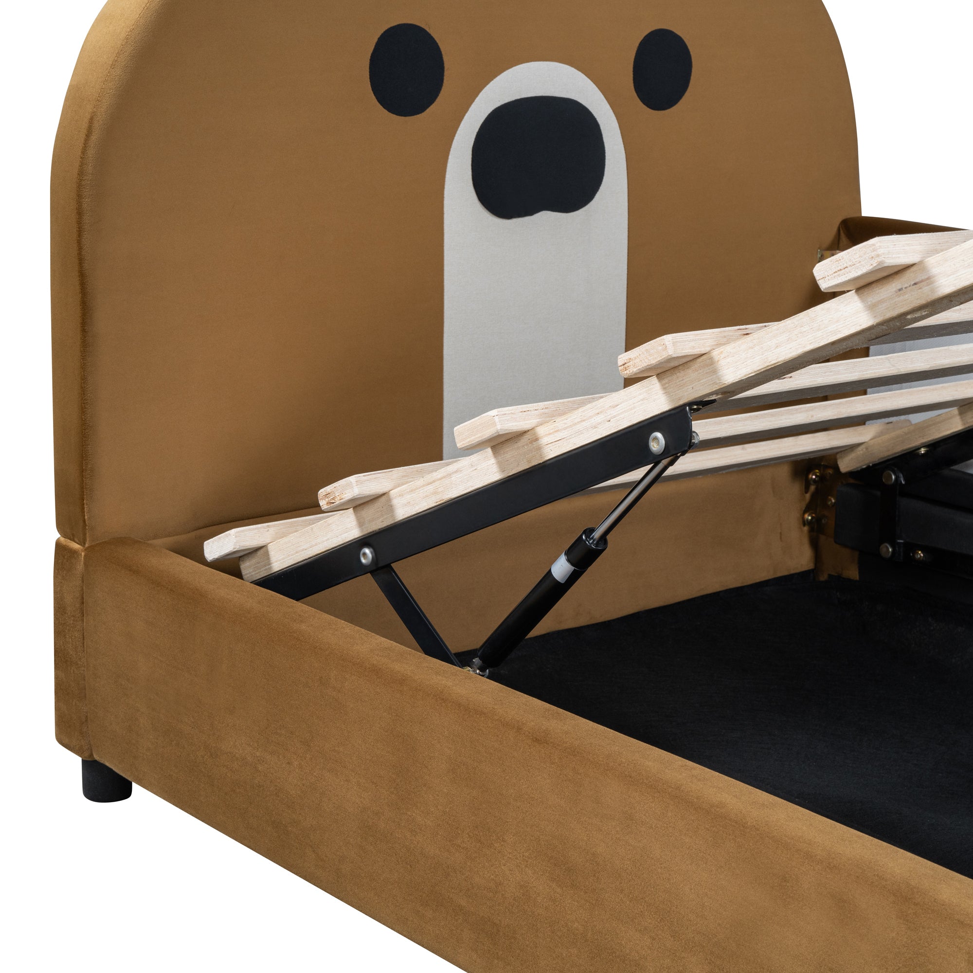 Twin Size Upholstered Daybed with Bear Shaped Headboard, Hydraulic System and Breathable Mesh Fence, Brown - Atlantic Fine Furniture Melbourne FL