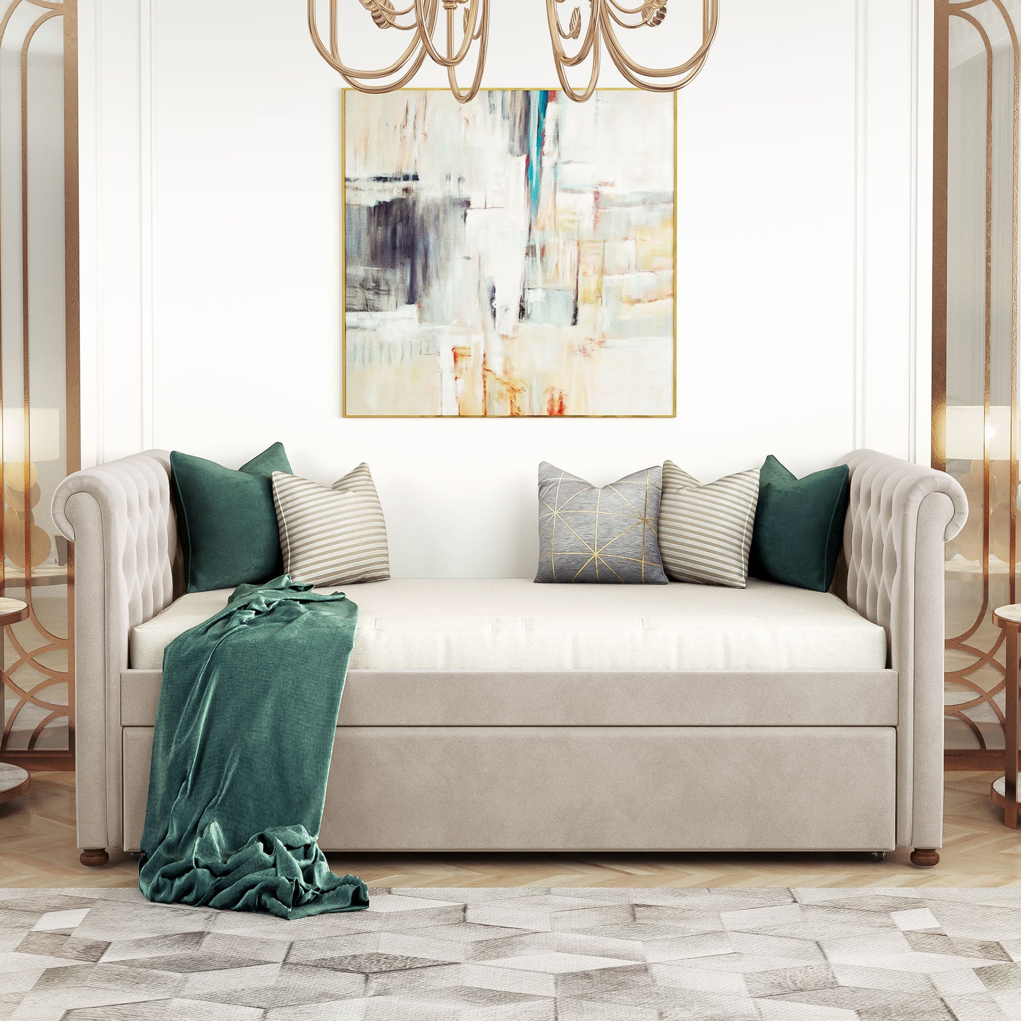 Twin Size Upholstered daybed with Trundle, Wood Slat Support, Beige(OLD SKU :LP000116AAA) - Atlantic Fine Furniture Melbourne FL