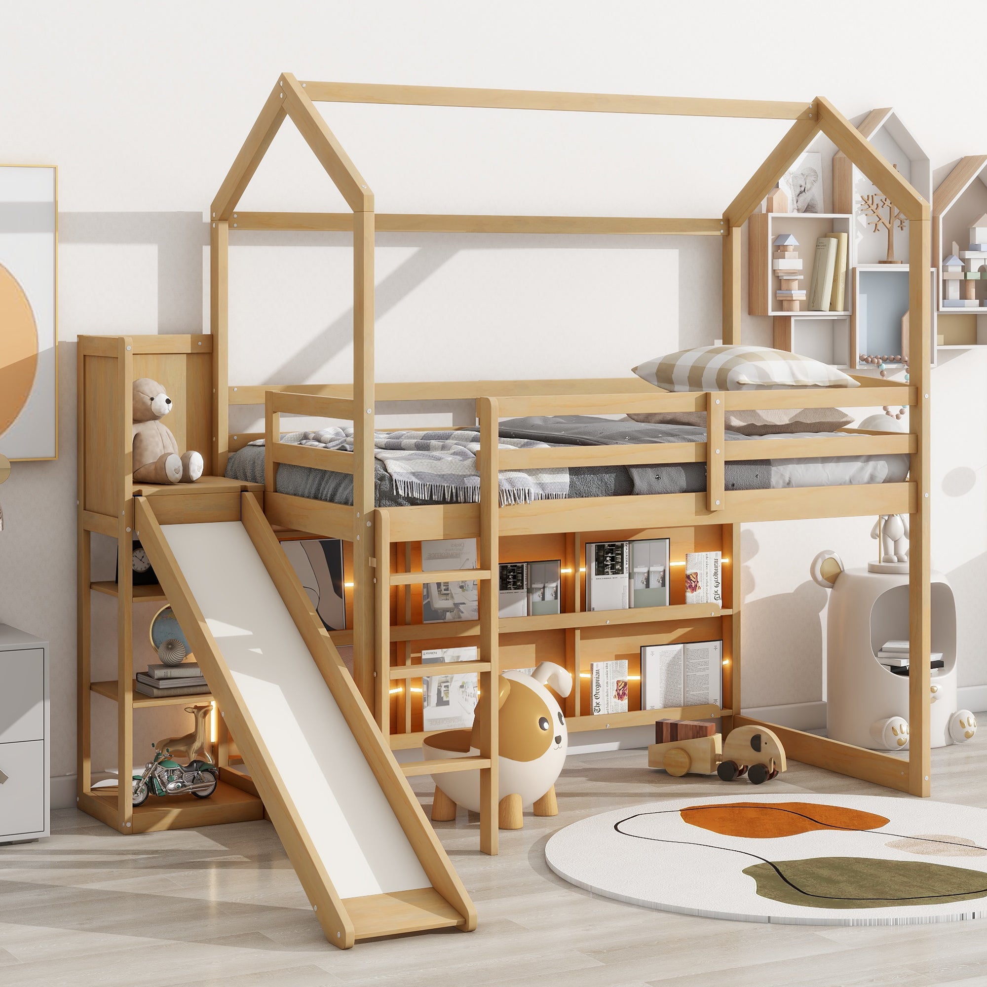 Twin Size Wood House Loft bed with Slide, Storage shelves and Light, Climbing Ramp, Wood Color - Atlantic Fine Furniture Melbourne FL