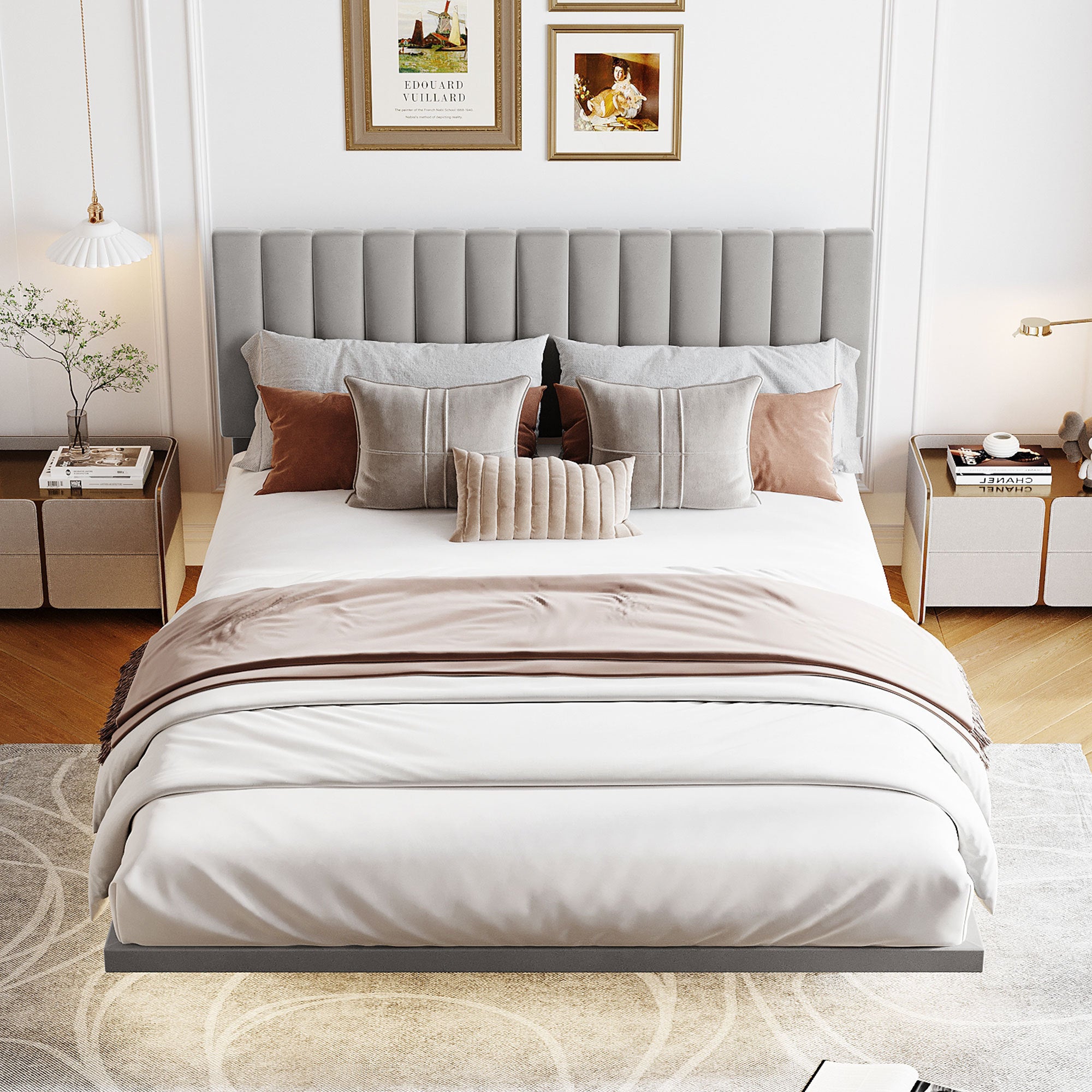 Queen Size Upholstered Bed with Sensor Light and Headboard, Floating Velvet Platform Bed, Gray - Atlantic Fine Furniture Melbourne FL