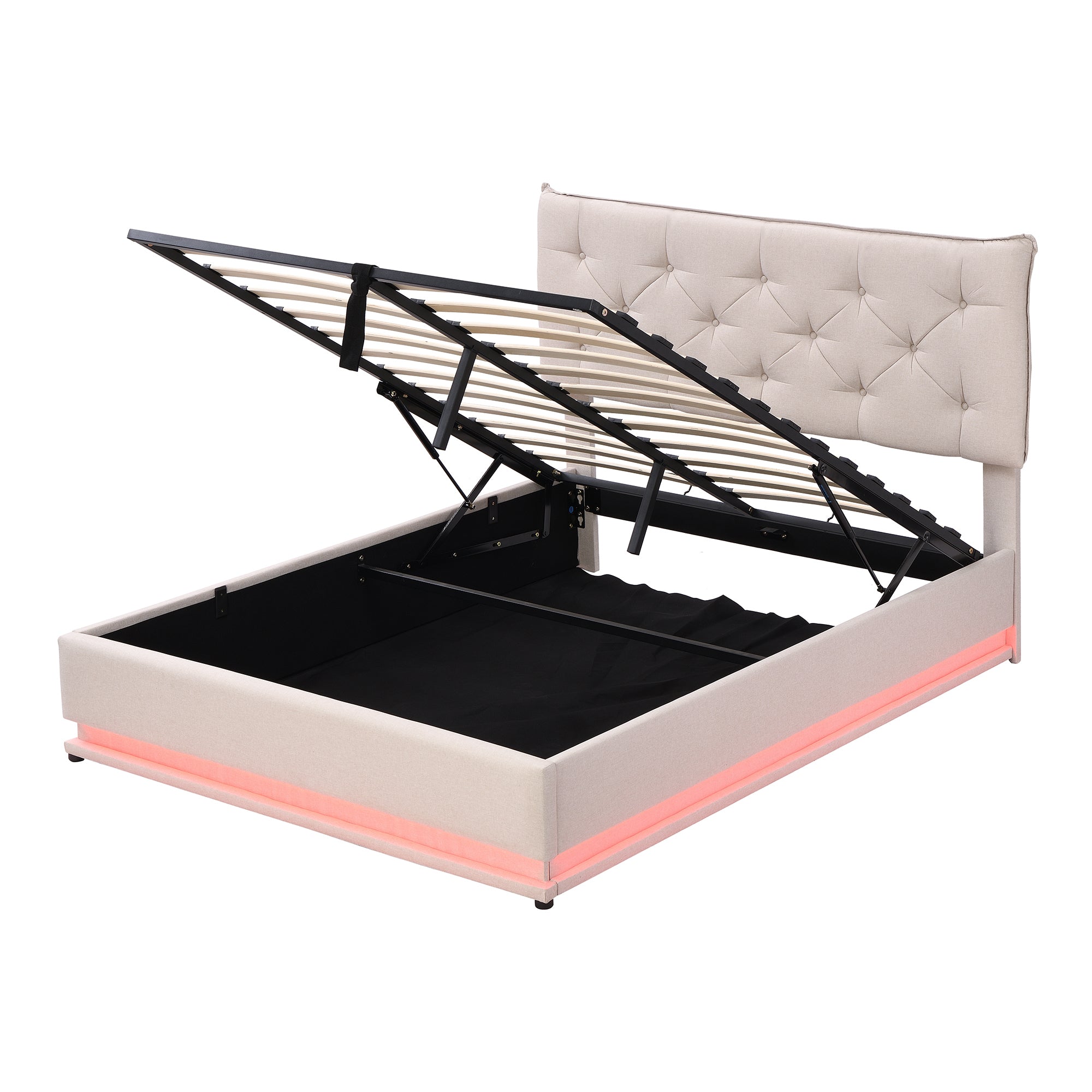 Full Size Upholstered Bed with Hydraulic Storage System and LED Light, Modern Platform Bed with Button-tufted Design Headboard, Beige - Atlantic Fine Furniture Melbourne FL