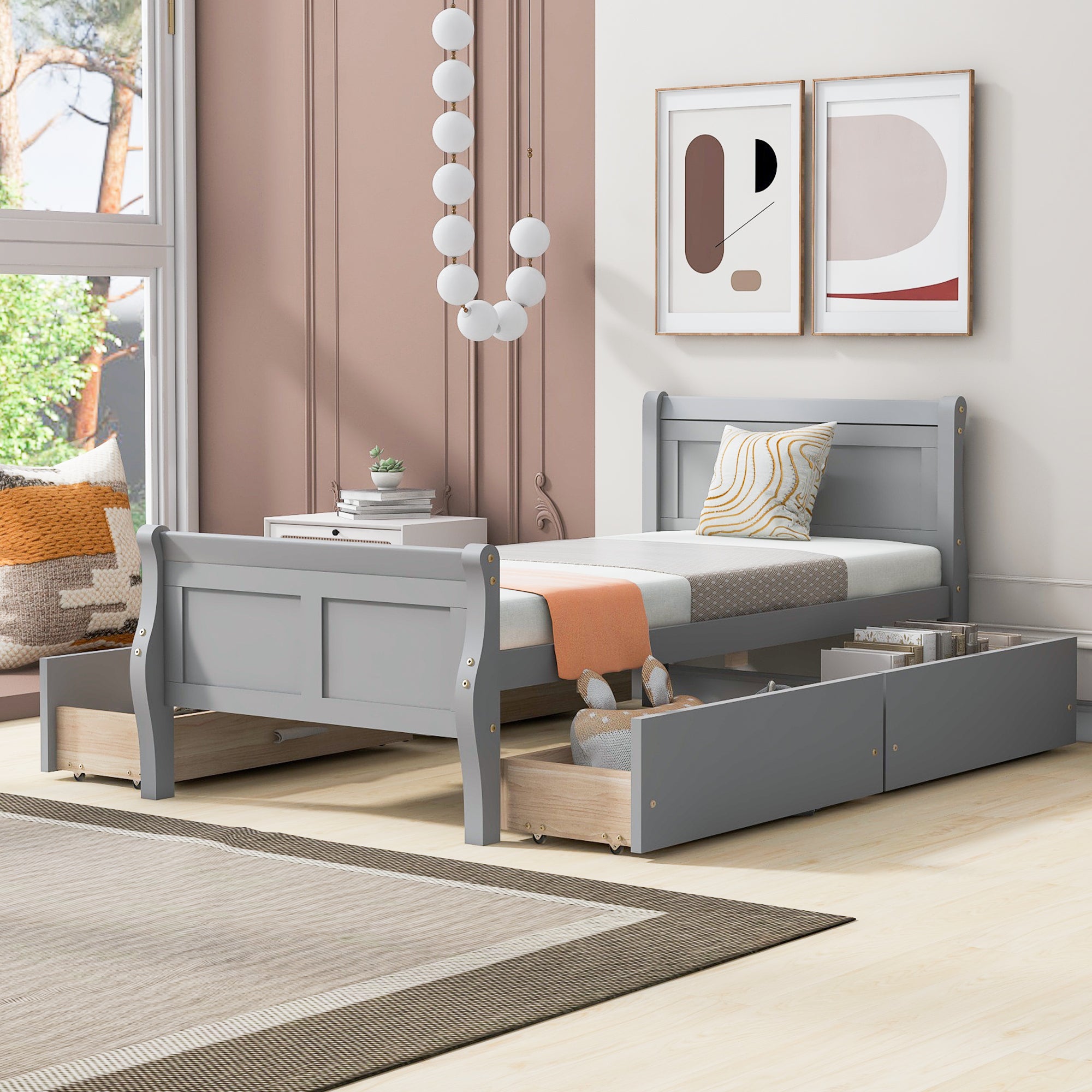 Twin Size Wood Platform Bed with 4 Drawers and Streamlined Headboard & Footboard, Gray - Atlantic Fine Furniture Melbourne FL