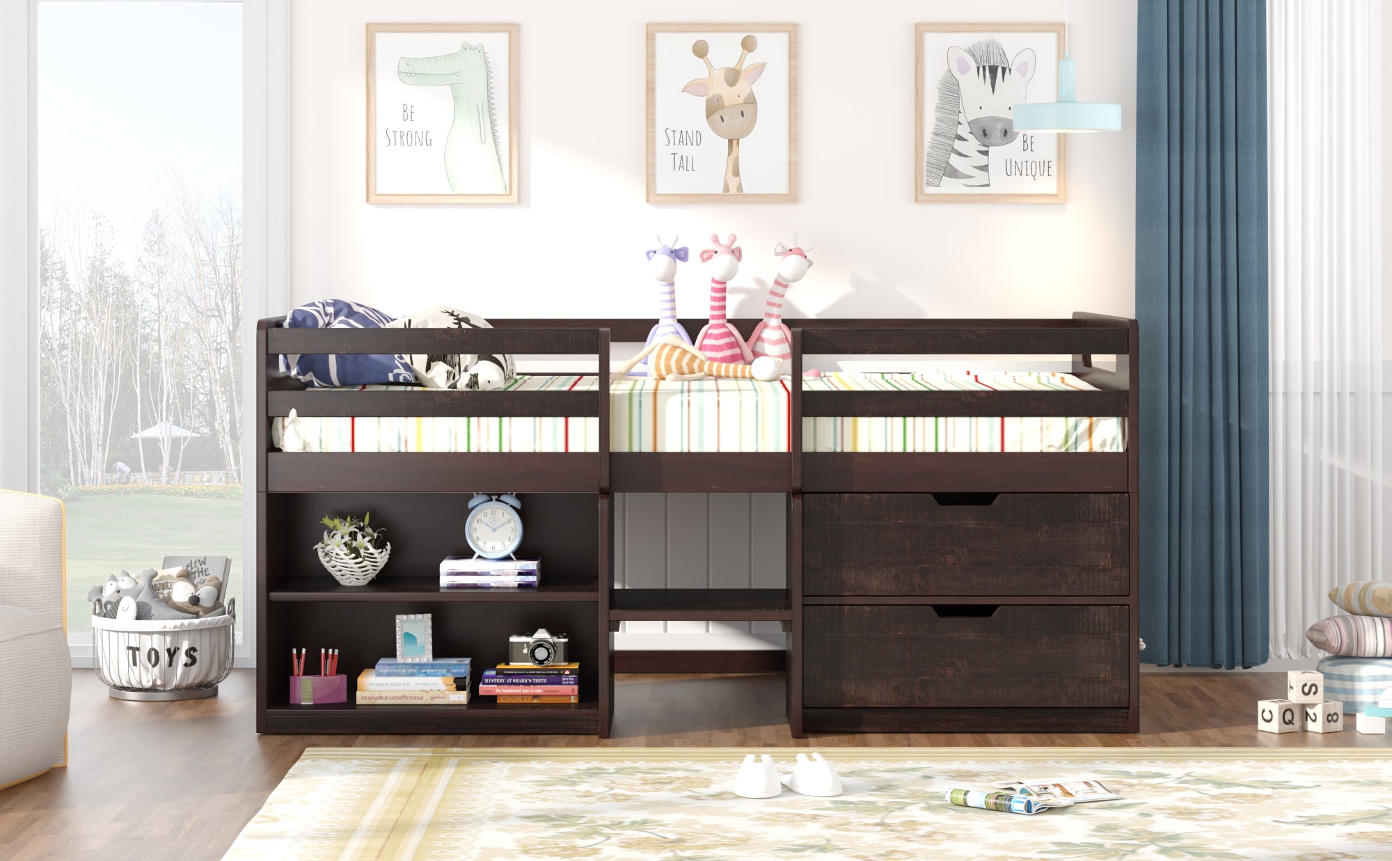 Twin size Loft Bed with Two Shelves and Two drawers (Antique Espresso) - Atlantic Fine Furniture Melbourne FL
