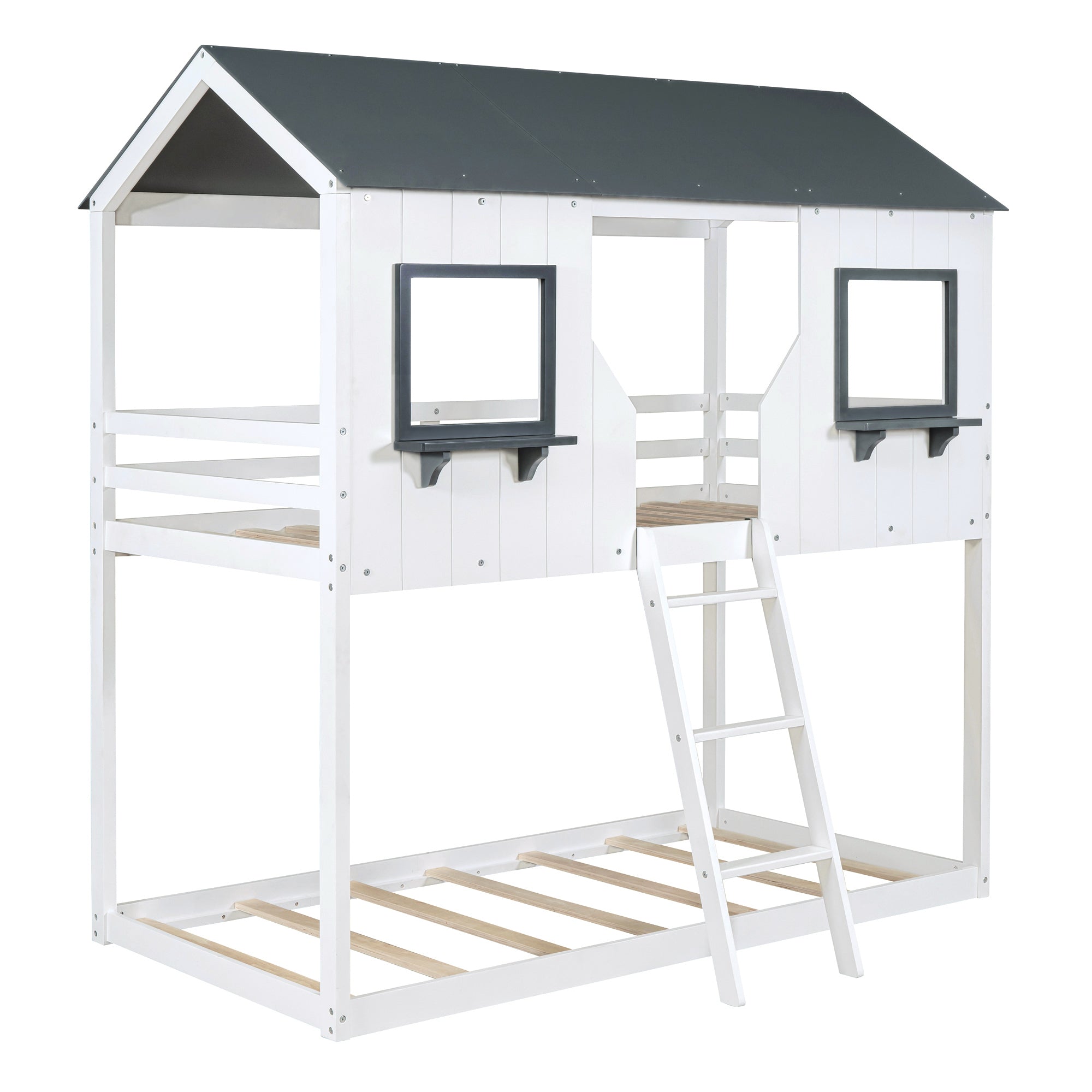 Twin Over Twin Bunk Bed Wood Bed with Roof, Window, Guardrail, Ladder (White)(OLD SKU :LT000045AAK)