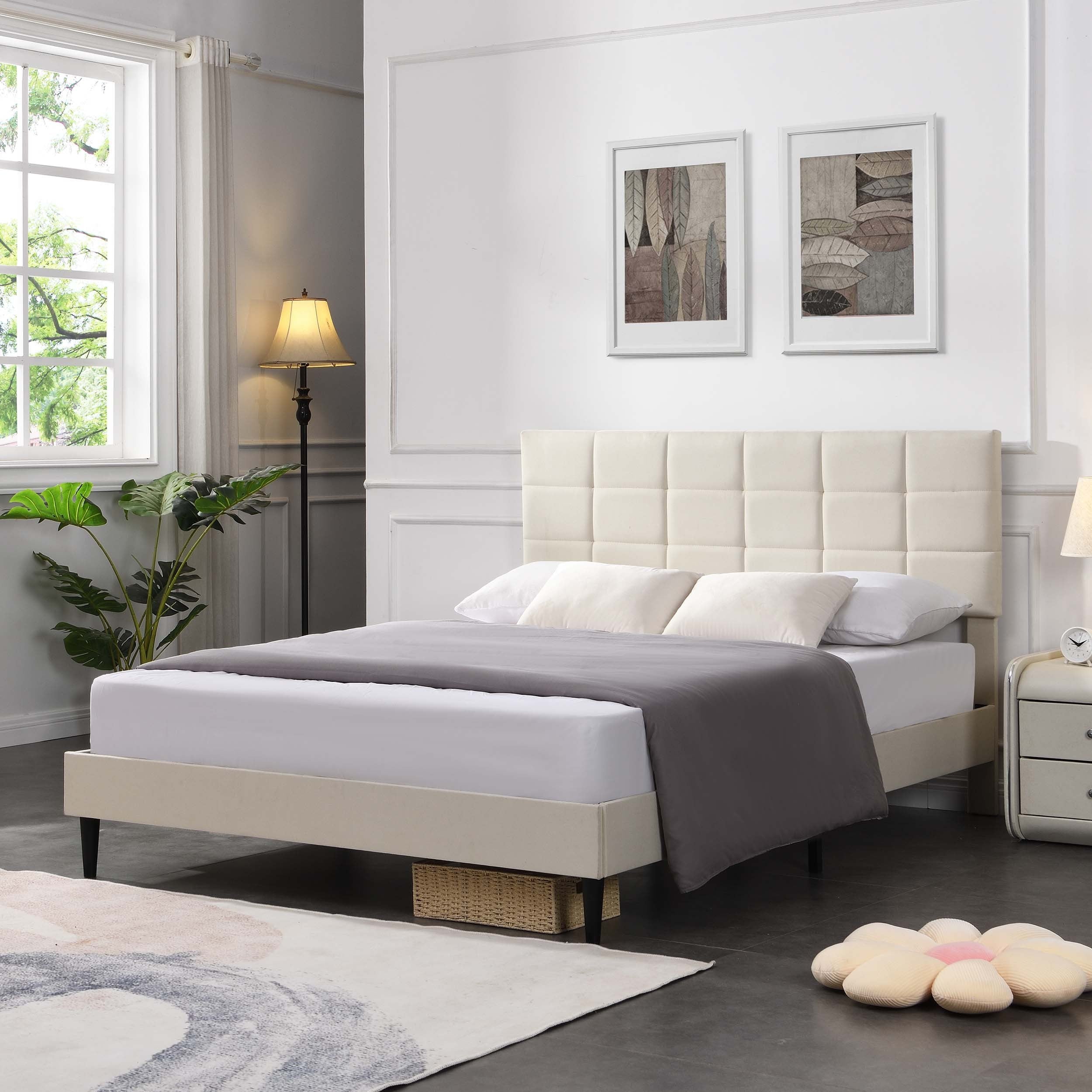 Full Size Platform Bed Frame with Fabric Upholstered Headboard and Wooden Slats, No Box Spring Needed/Easy Assembly, Beige - Atlantic Fine Furniture Melbourne FL