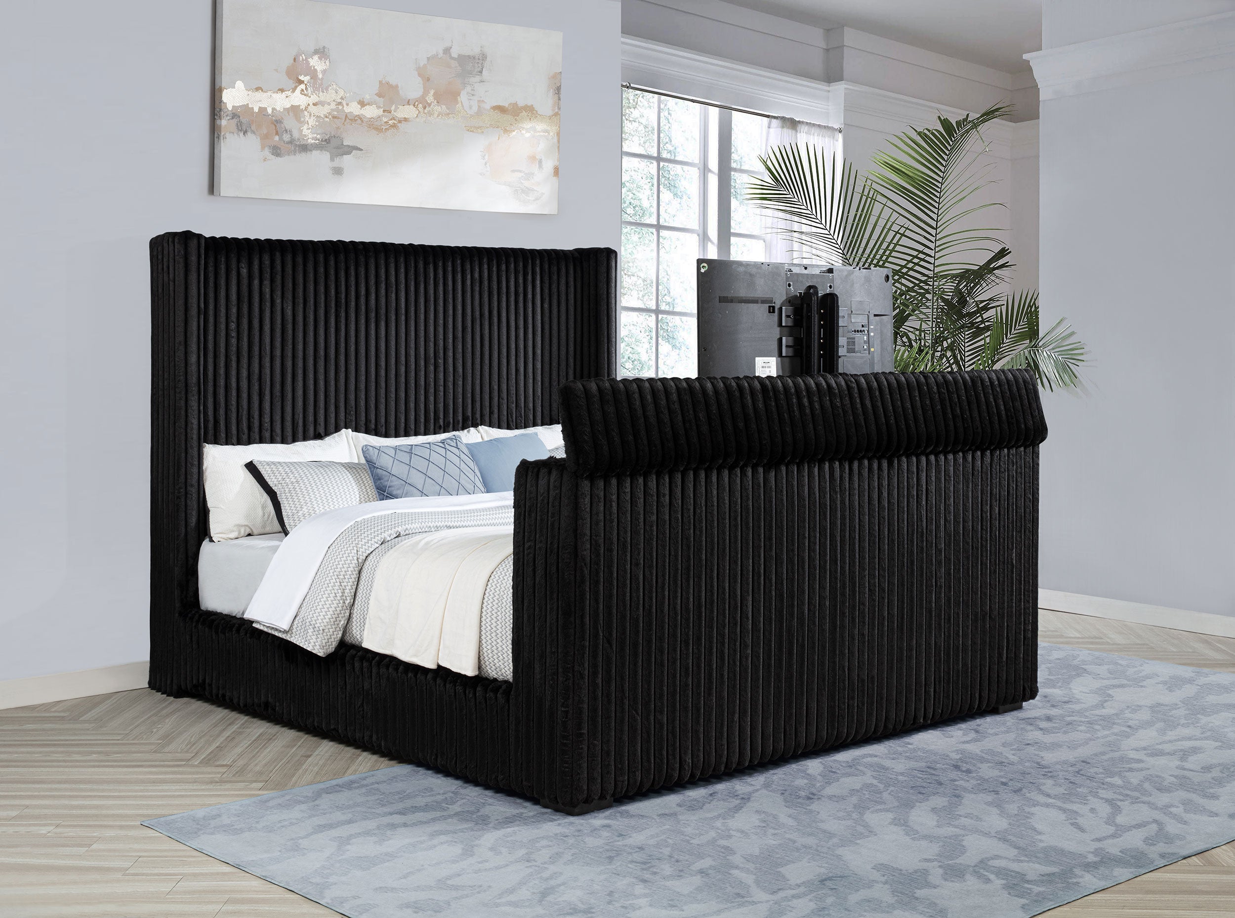 Centergrove Upholstered Eastern King Wingback TV Bed Black — view 3