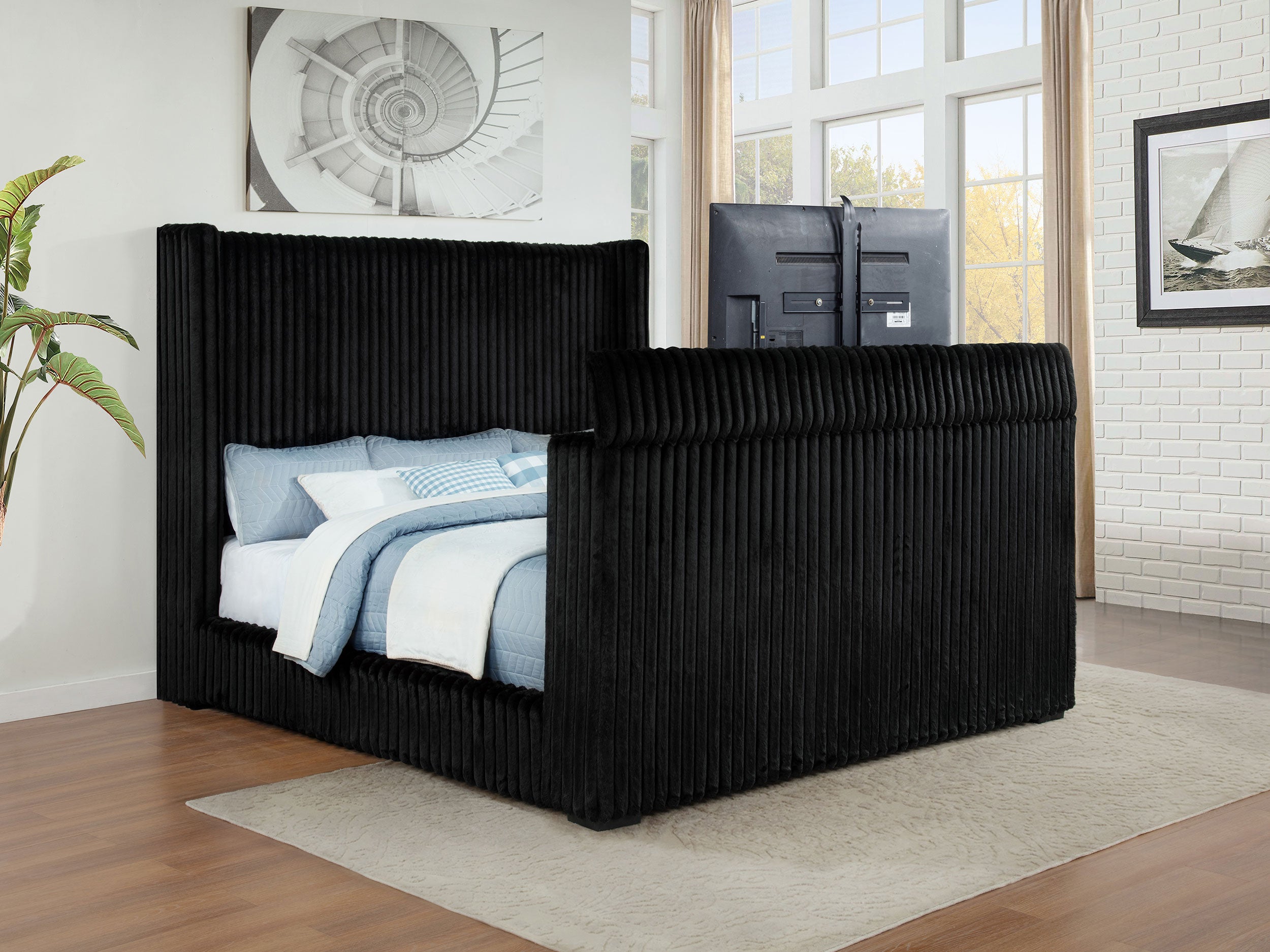 Centergrove Upholstered California King Wingback TV Bed Black — view 3