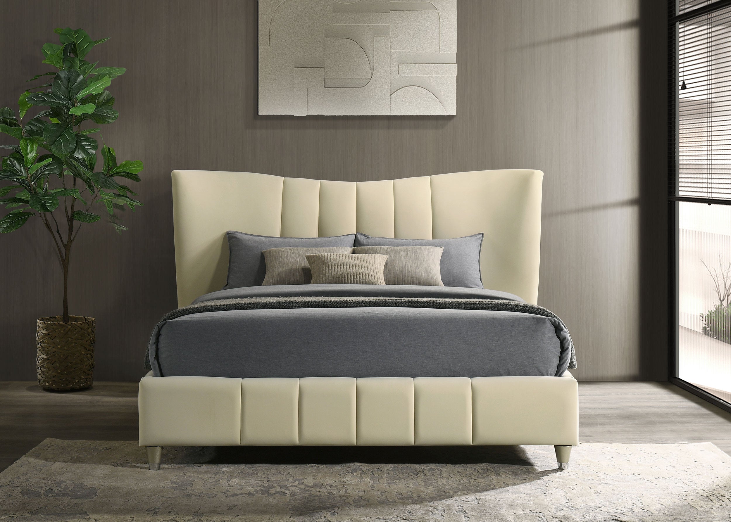 Evelyn Upholstered Queen Panel Platform Bed Ivory — view 3