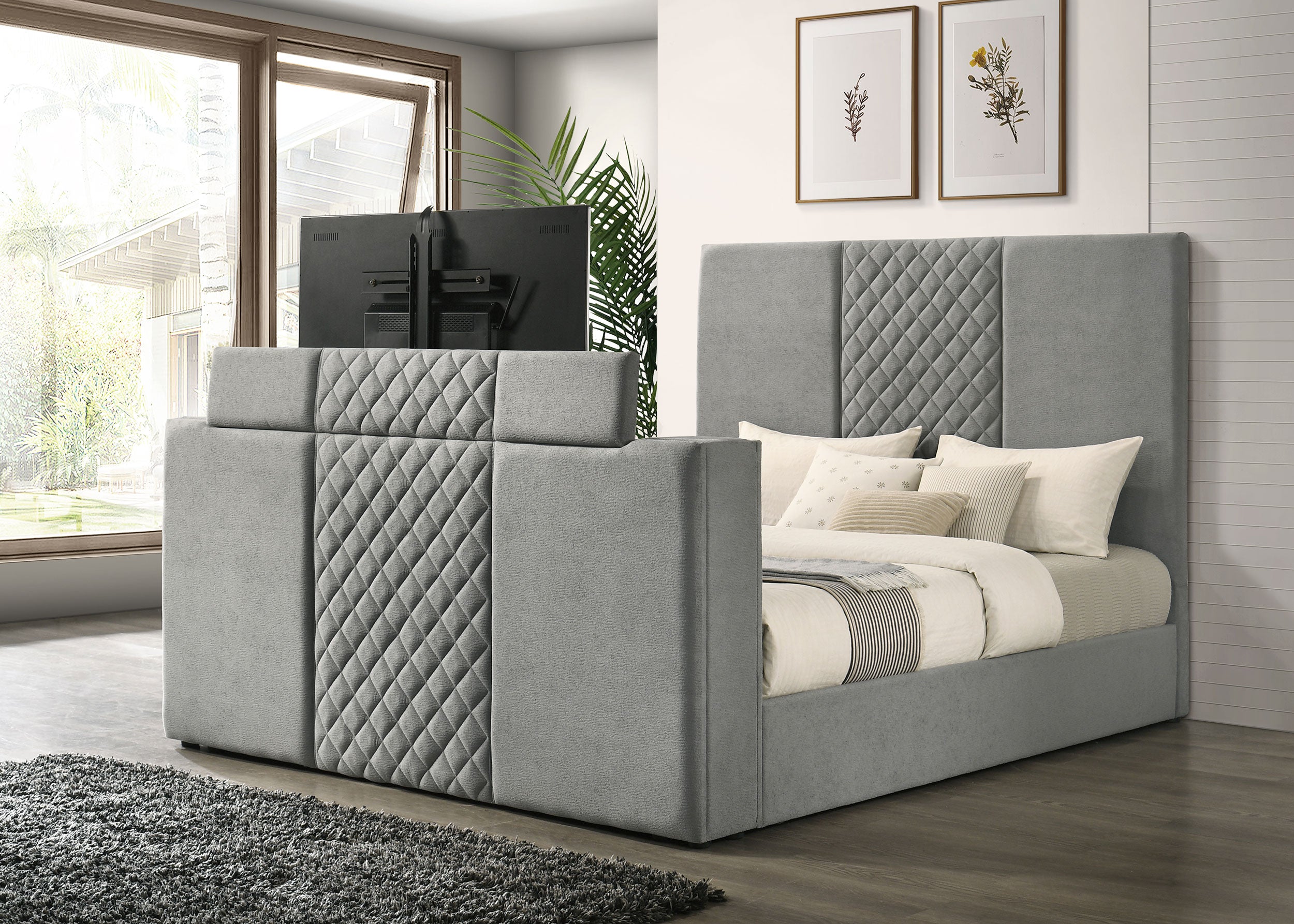 Tara 61-inch Upholstered Eastern King Panel TV Bed Grey — view 3