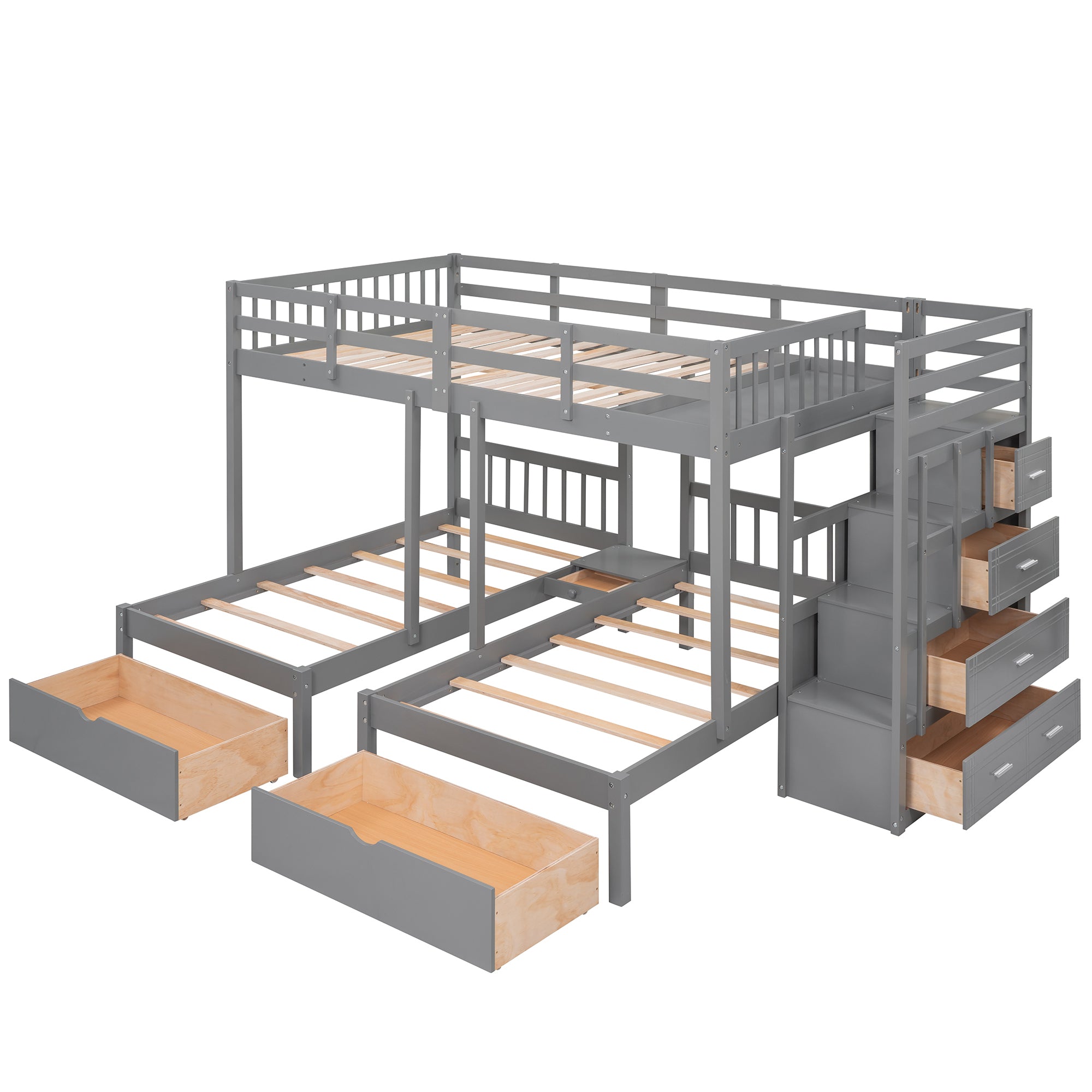 Full Over Twin & Twin Bunk Bed, Wood Triple Bunk Bed with Drawers and Guardrails (Gray) - Atlantic Fine Furniture Melbourne FL