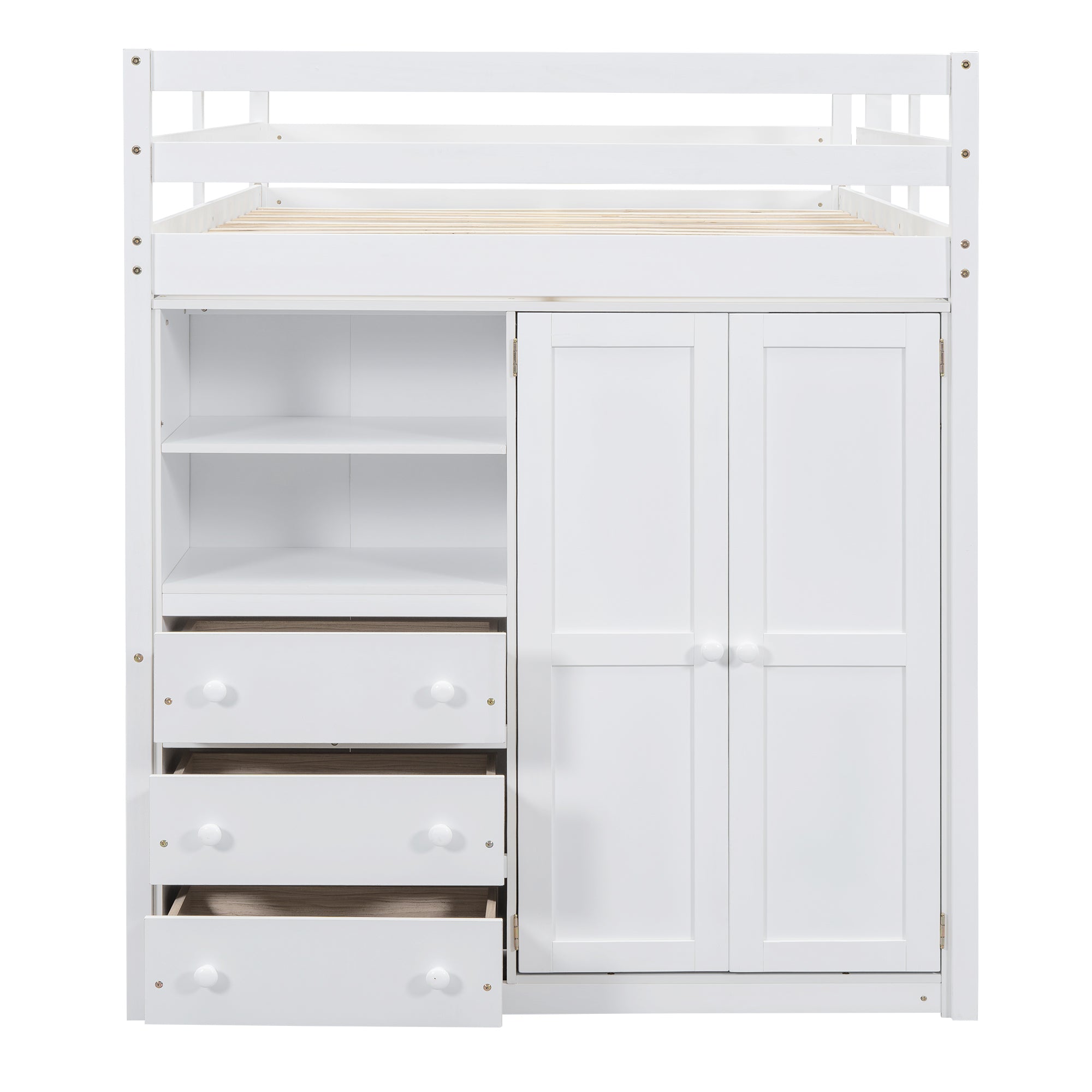 Wood Full Size Loft Bed with Built-in Wardrobe, Desk, Storage Shelves and Drawers, White - Atlantic Fine Furniture Melbourne FL