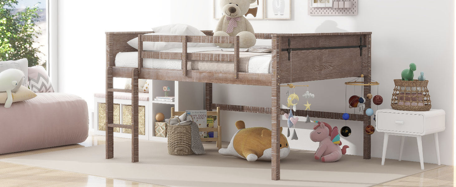 Wood Full Size Loft Bed with Hanging Clothes Racks, White Rustic Natural - Atlantic Fine Furniture Melbourne FL