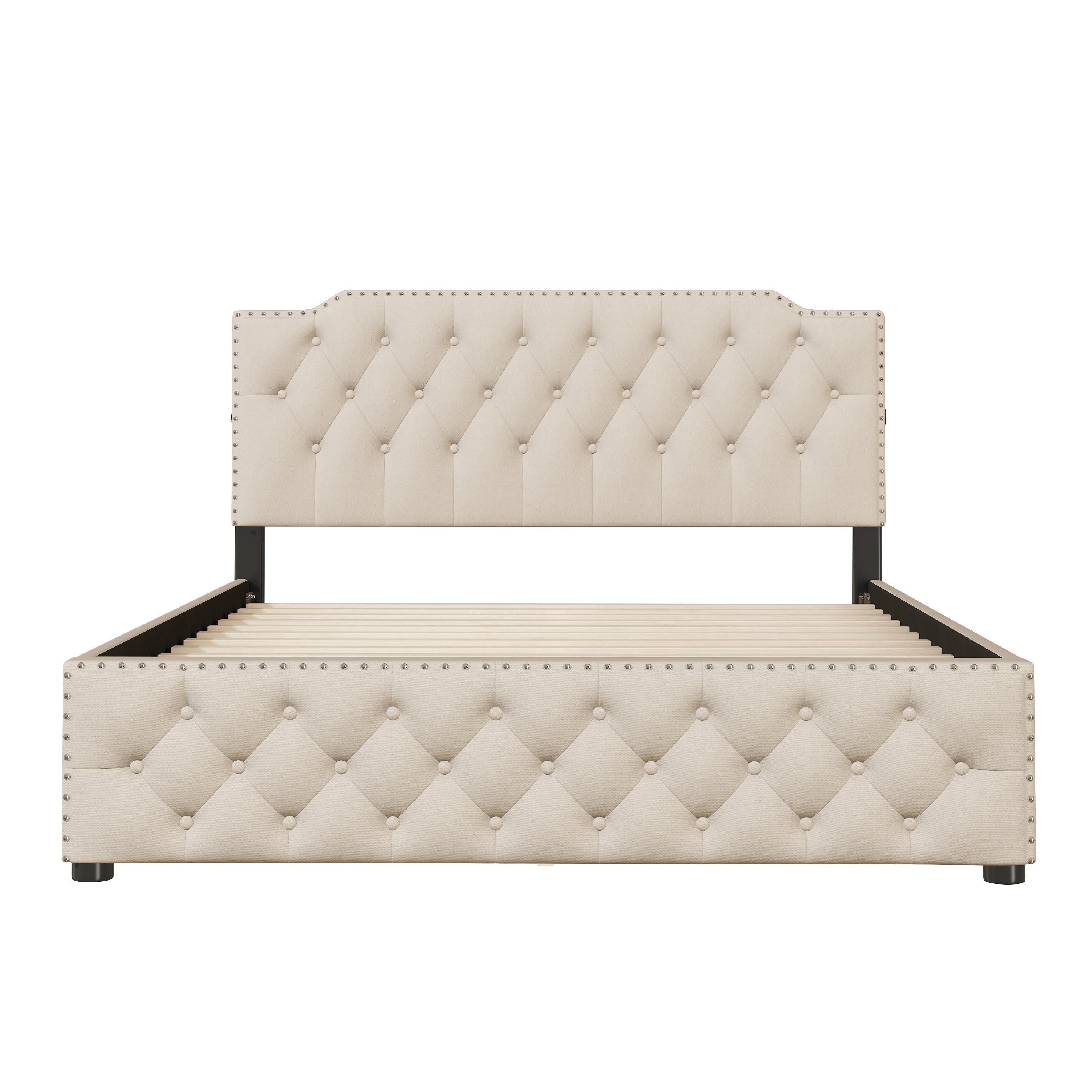 Queen Size Upholstered Platform Bed with 2 Drawers and 2 sets of USB Ports on each side, Linen Fabric, Beige - Atlantic Fine Furniture Melbourne FL