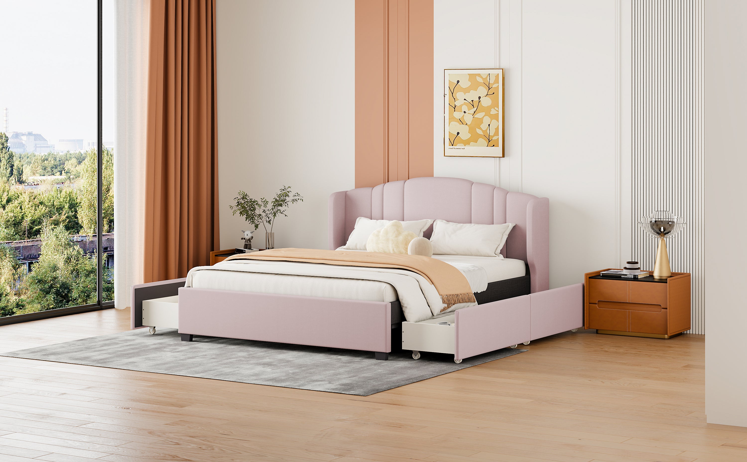 Upholstered Platform Bed with Wingback Headboard and 4 Drawers, No Box Spring Needed, Linen Fabric, Queen Size Pink - Atlantic Fine Furniture Melbourne FL