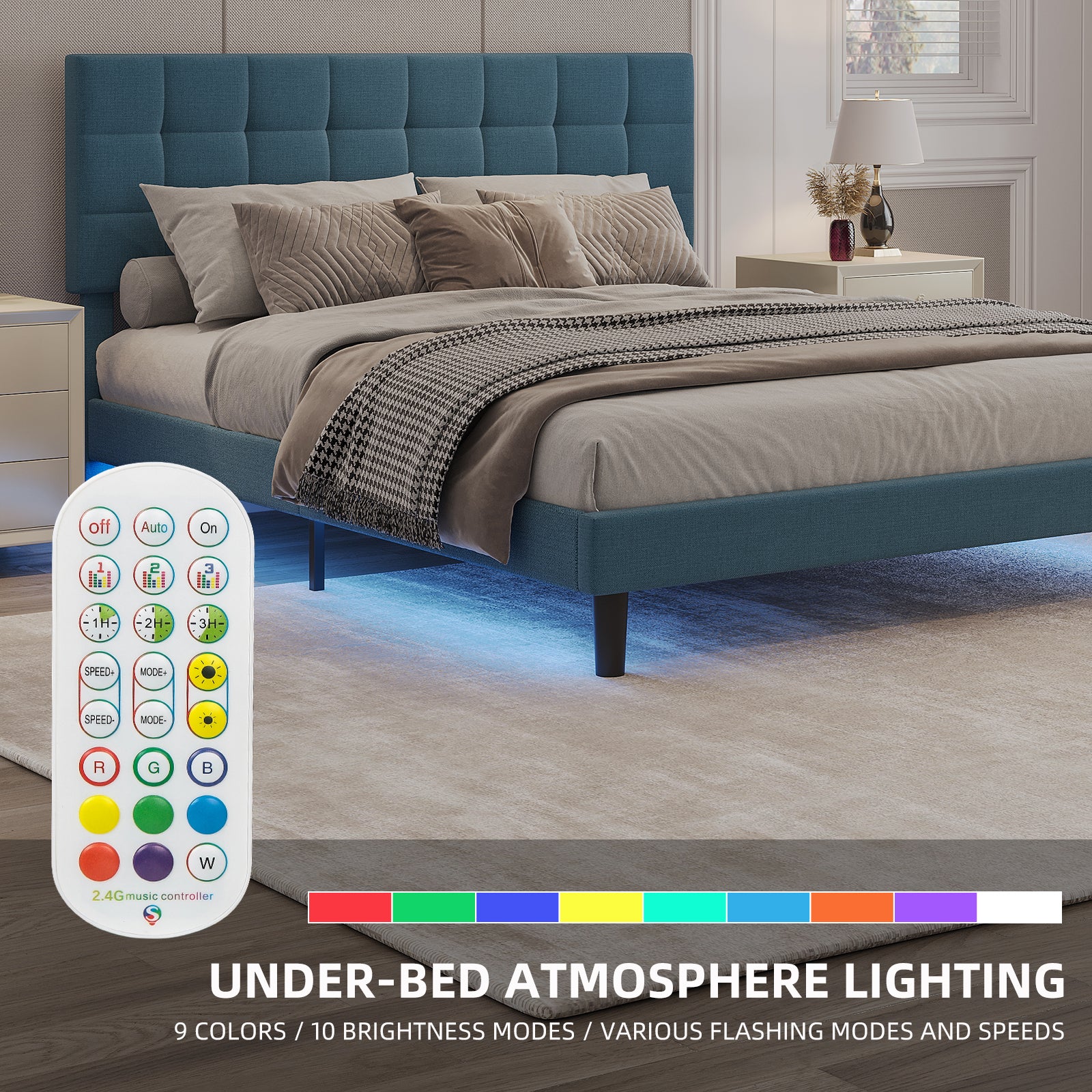 Queen Size Upholstered Platform Bed Linen Bed Frame with Lights Square Stitched Adjustable Headboard Strong Bed Slats System No Box Spring Needed Blue - Atlantic Fine Furniture Melbourne FL