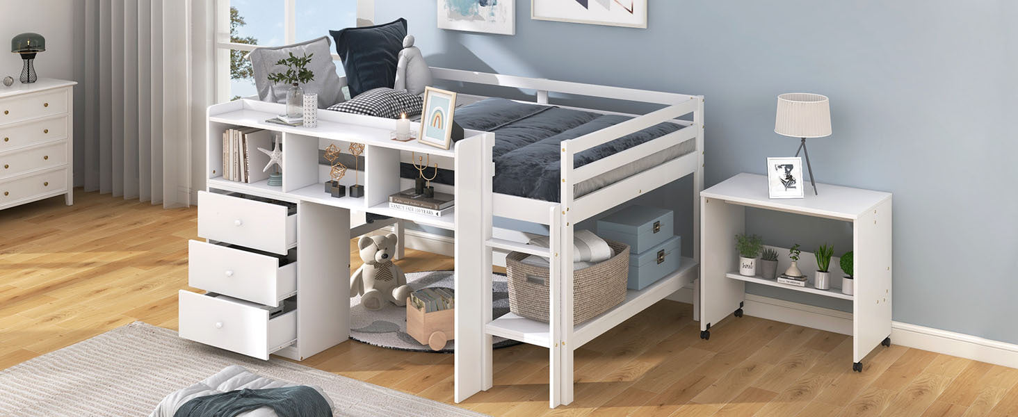 Full Size Low Loft Bed with Rolling Portable Desk, Drawers and Shelves, White(Old SKU: GX000711AAK)