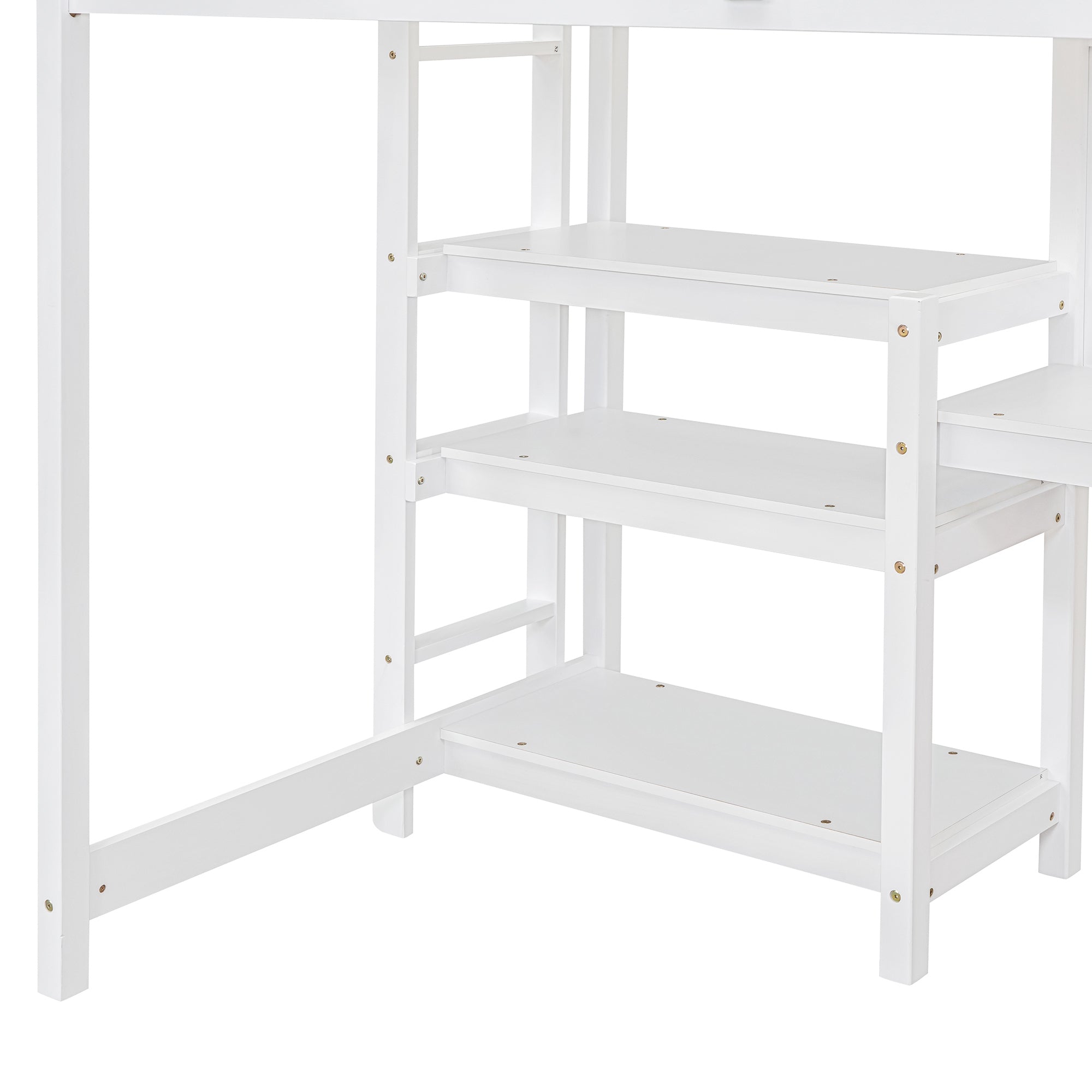 Twin Size Wooden Loft Bed with Shelves, Desk and Writing Board - White