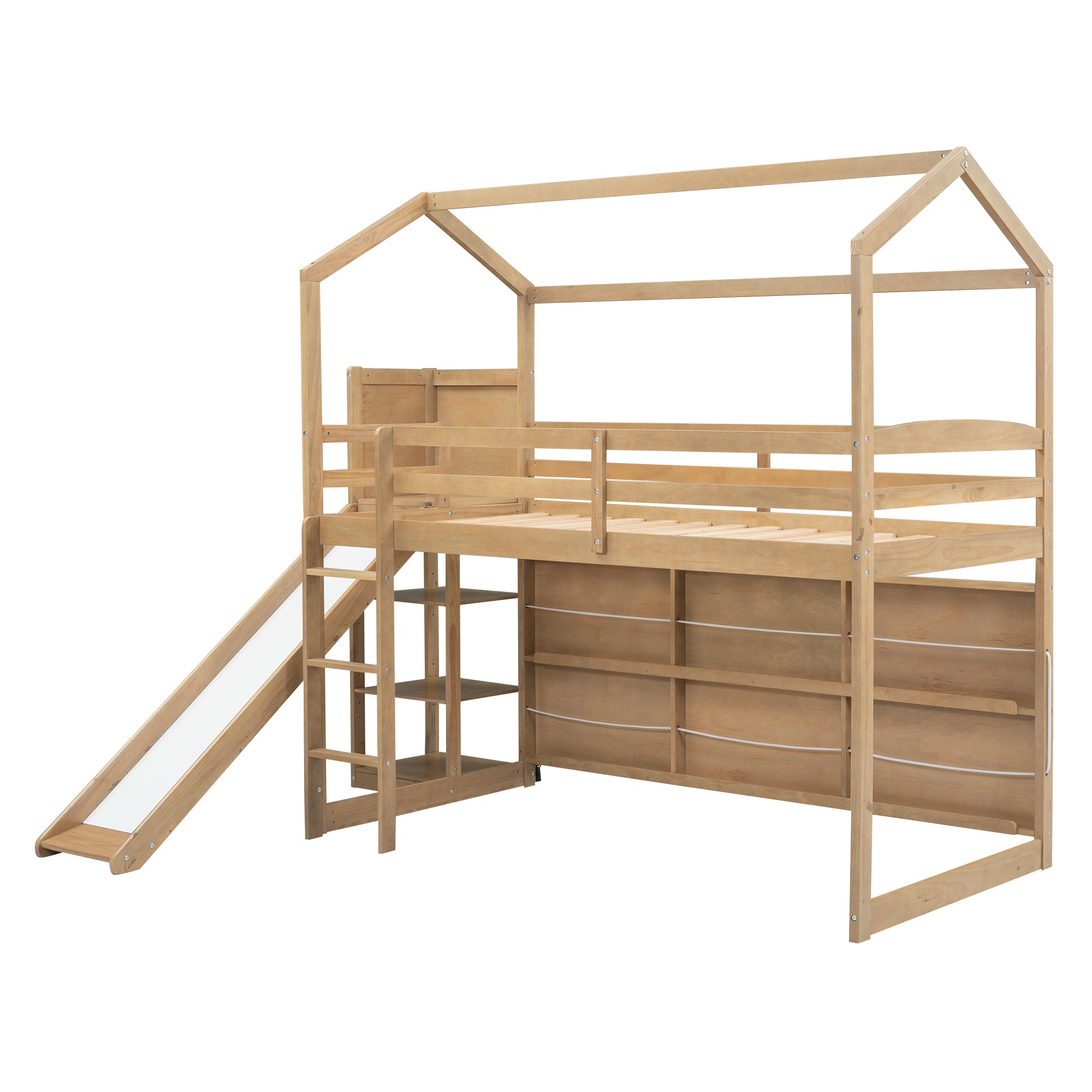 Twin Size Wood House Loft bed with Slide, Storage shelves and Light, Climbing Ramp, Wood Color - Atlantic Fine Furniture Melbourne FL