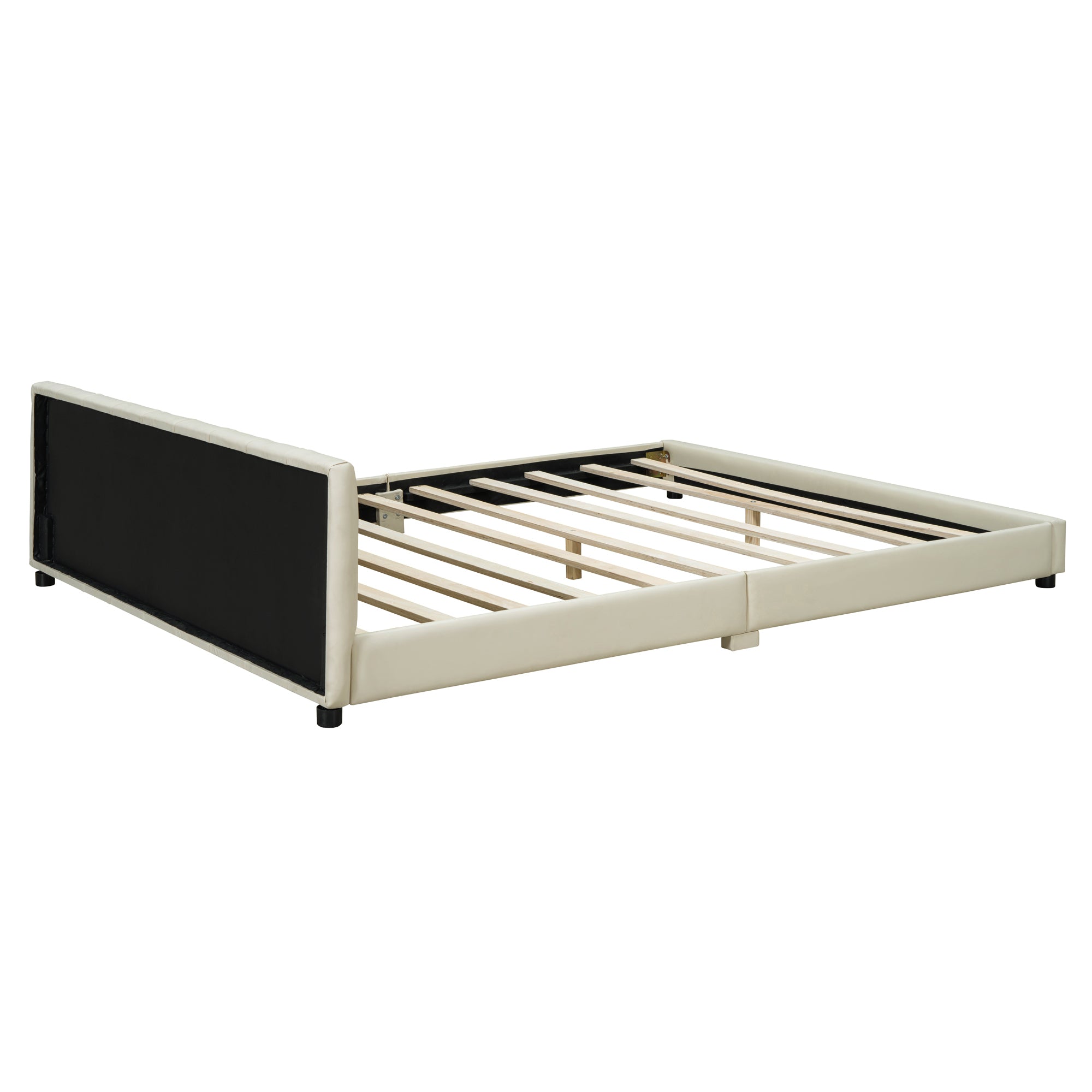 Queen Size & Twin XL Size Upholstered Platform Bed, Mother & Child Bed, PU Leather, Beige - Atlantic Fine Furniture Melbourne FL