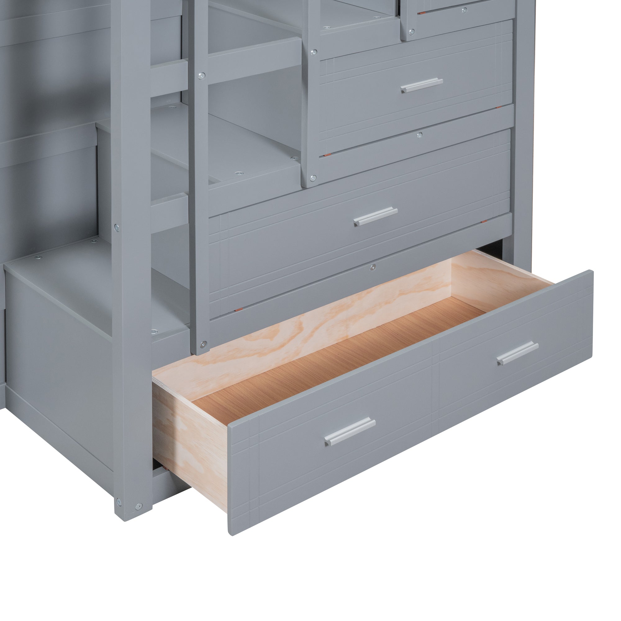 Full Over Full Bunk Bed with Twin Size Trundle and Staircase, Gray - Atlantic Fine Furniture Melbourne FL