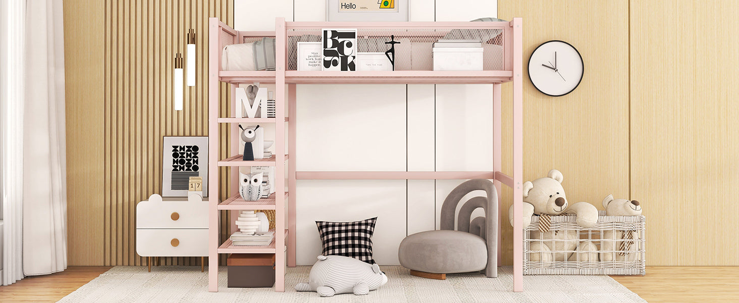 Twin Size Metal Loft Bed with 4-Tier Shelves and Storage, Pink - Atlantic Fine Furniture Melbourne FL
