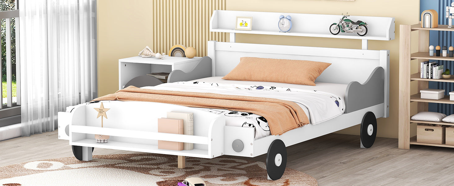 Full Size Car-Shaped Platform Bed,Full Bed with Storage Shelf for Bedroom,White - Atlantic Fine Furniture Melbourne FL