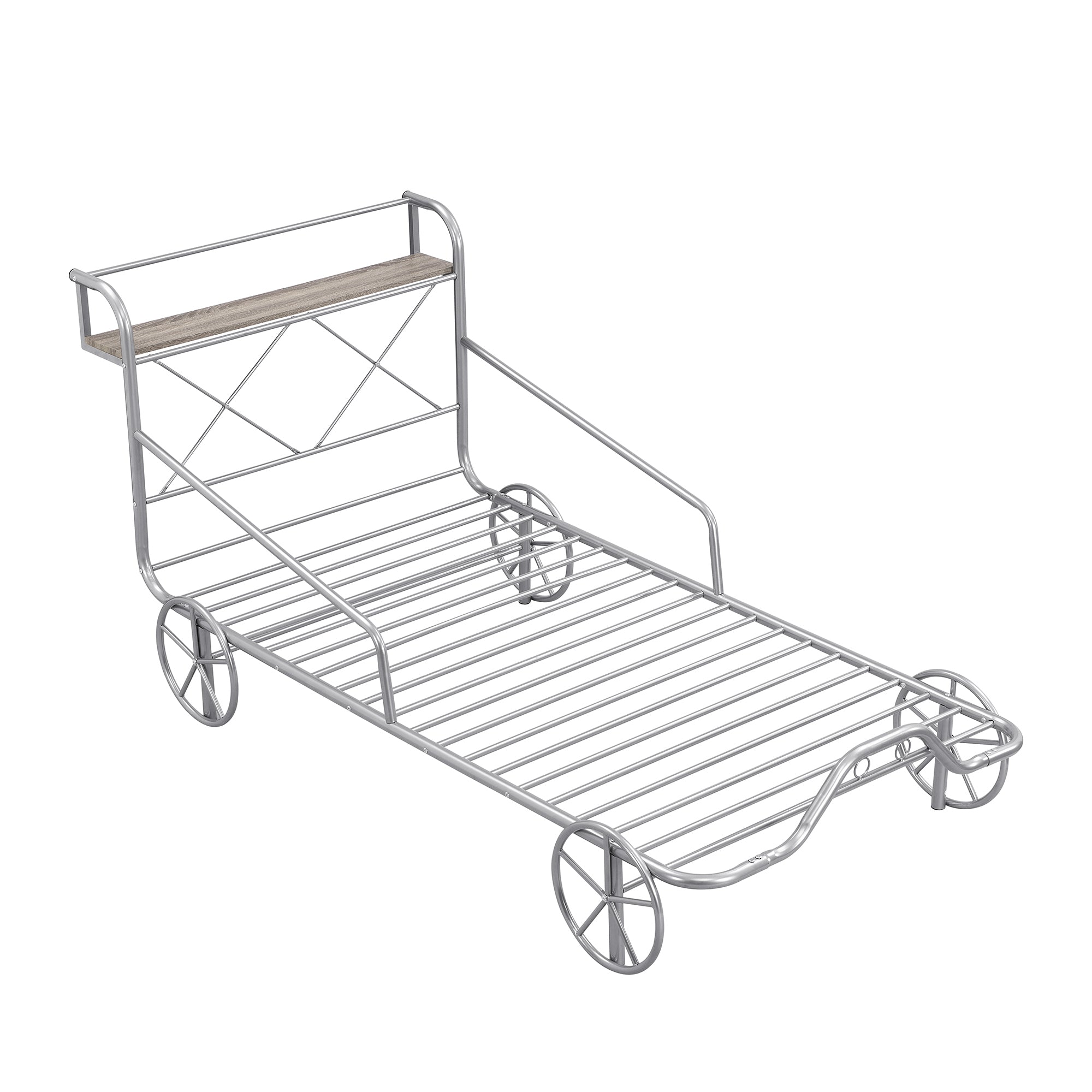 Twin Size Metal Car Bed with Four Wheels, Guardrails and X-Shaped Frame Shelf, Silver(Old SKU: MF297599AAN) - Atlantic Fine Furniture Melbourne FL
