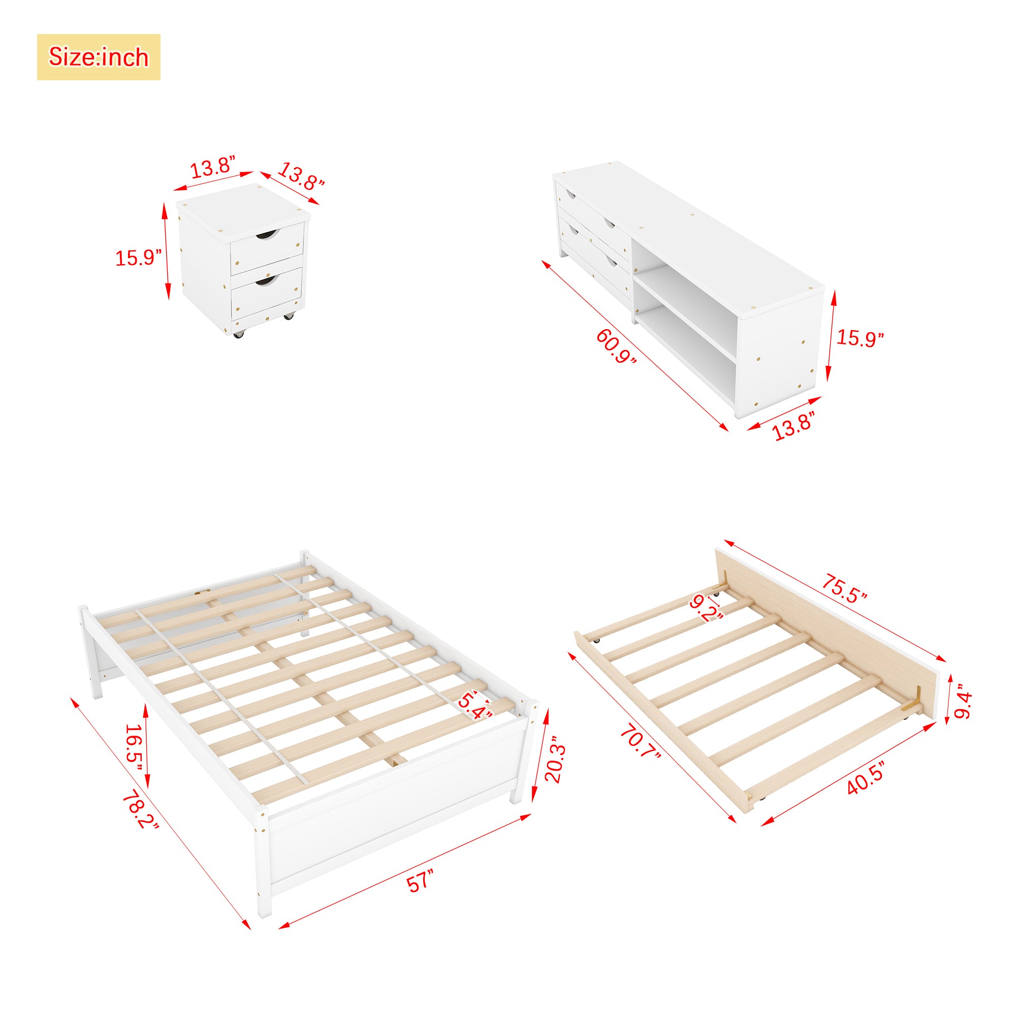 Versatile Full Bed with Trundle,Under bed Storage Box and Nightstand .White