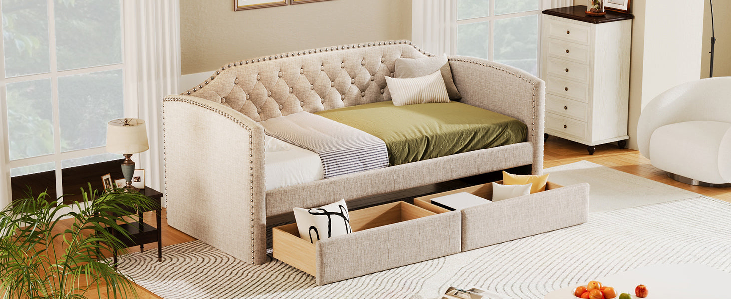 Twin Size Upholstered Daybed with Drawers for Guest Room, Small Bedroom, Study Room, Beige - Atlantic Fine Furniture Melbourne FL