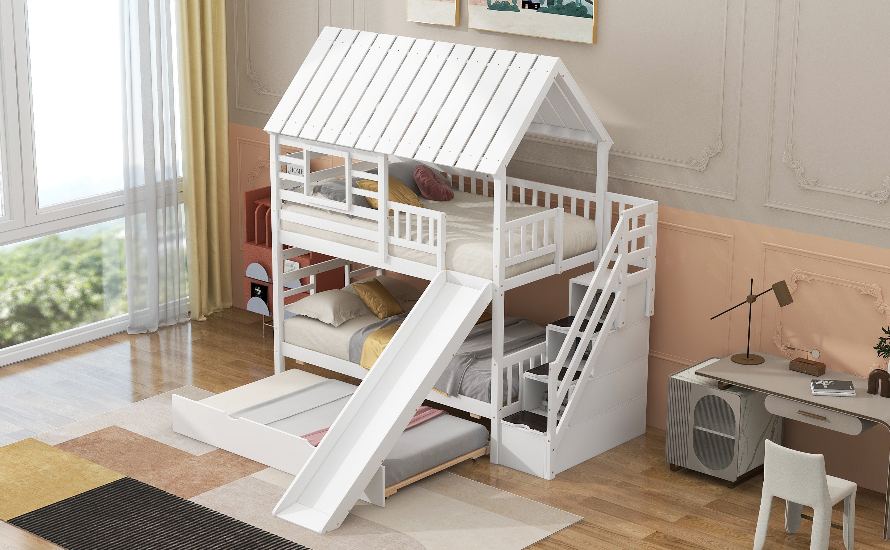 Twin over Twin House Bunk Bed with Trundle and Slide, Storage Staircase, Roof and Window Design, White(Old SKU: GX000931AAK) - Atlantic Fine Furniture Melbourne FL