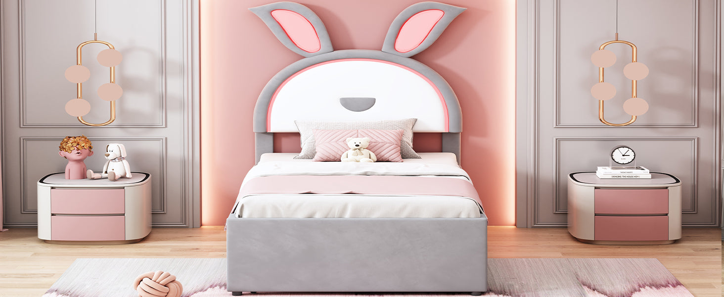 Twin Size Upholstered Platform Bed with Trundle and 3 Drawers, Rabbit-Shaped Headboard with Embedded LED Lights, Gray - Atlantic Fine Furniture Melbourne FL