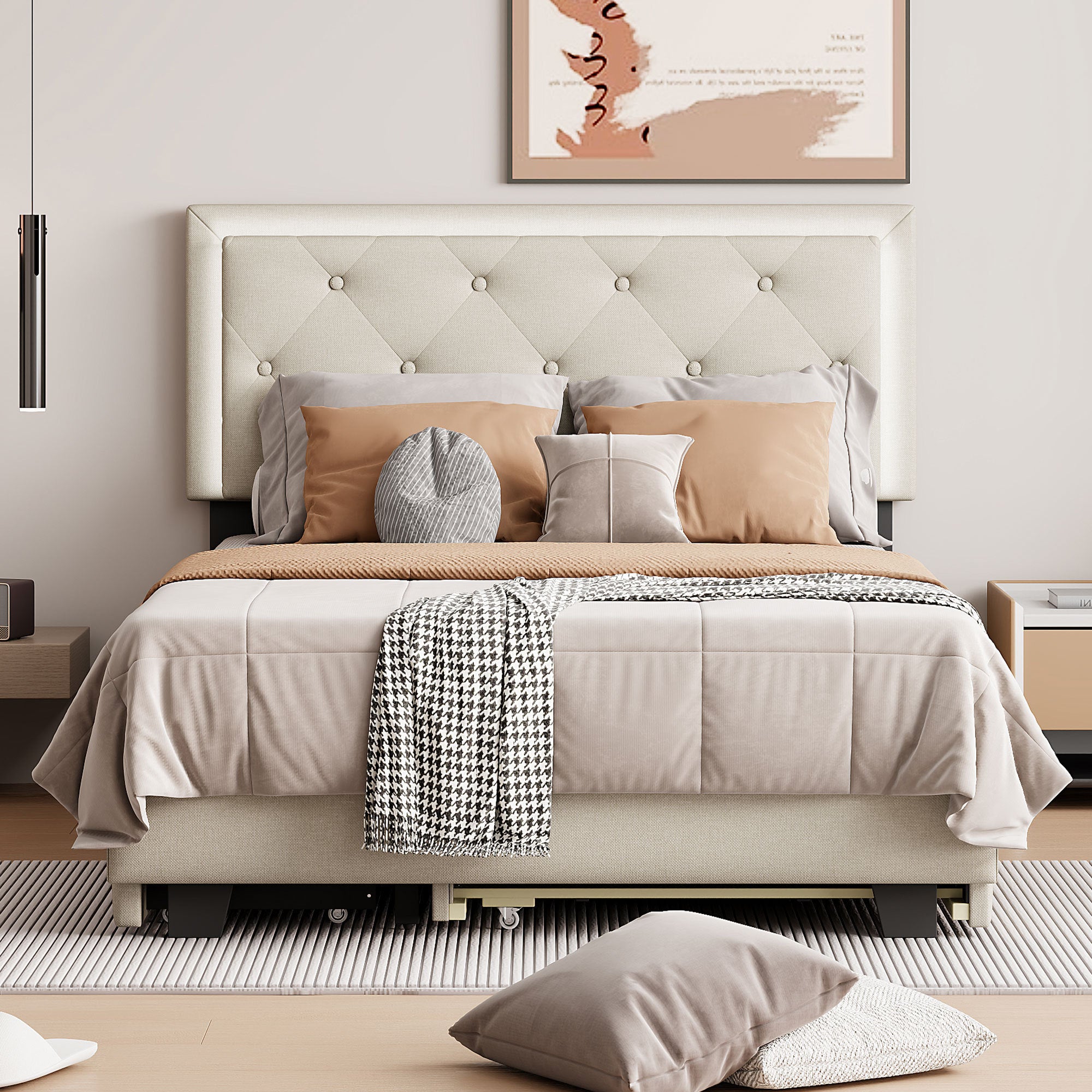 Full Size Velvet Storage Platform Bed, with 2 Big Drawers, T Size Trundle and LED Light, Beige - Atlantic Fine Furniture Melbourne FL