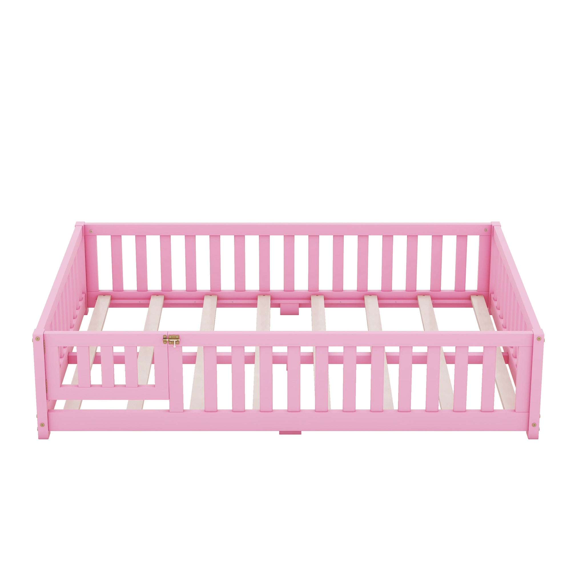 Full Size Bed Floor Bed with Safety Guardrails and Door for Kids, Pink