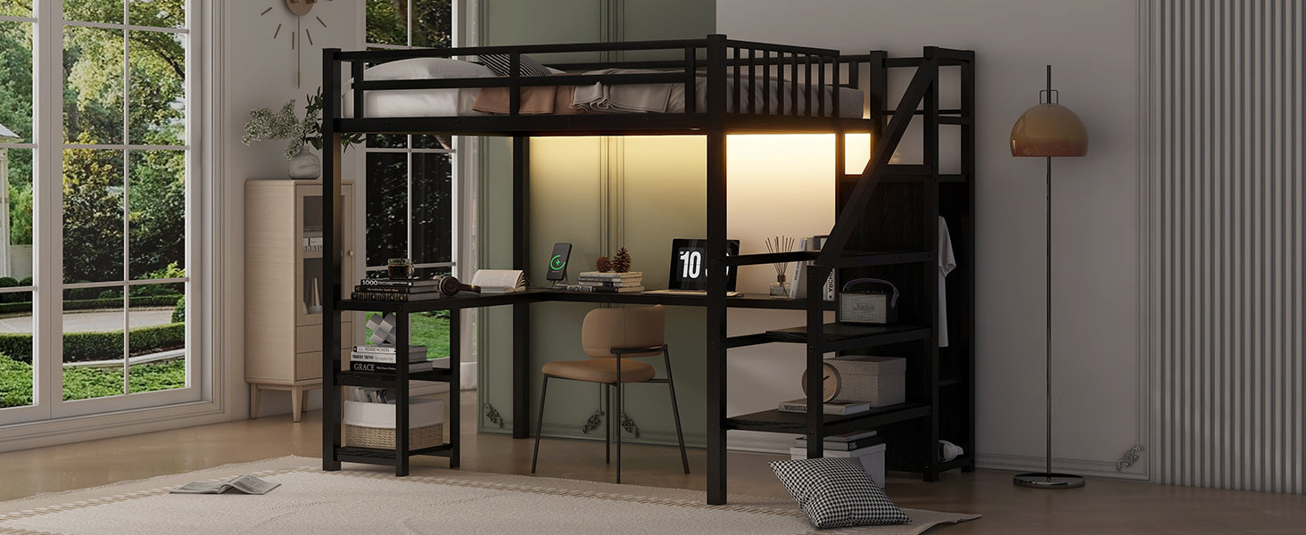 Metal Full Loft Bed with Wardrobe and LED Light, Full Size Loft Bed with L Shaped Desk and USB for Kids Teens Adults, Black (Expect arrival date 2024/5/19)