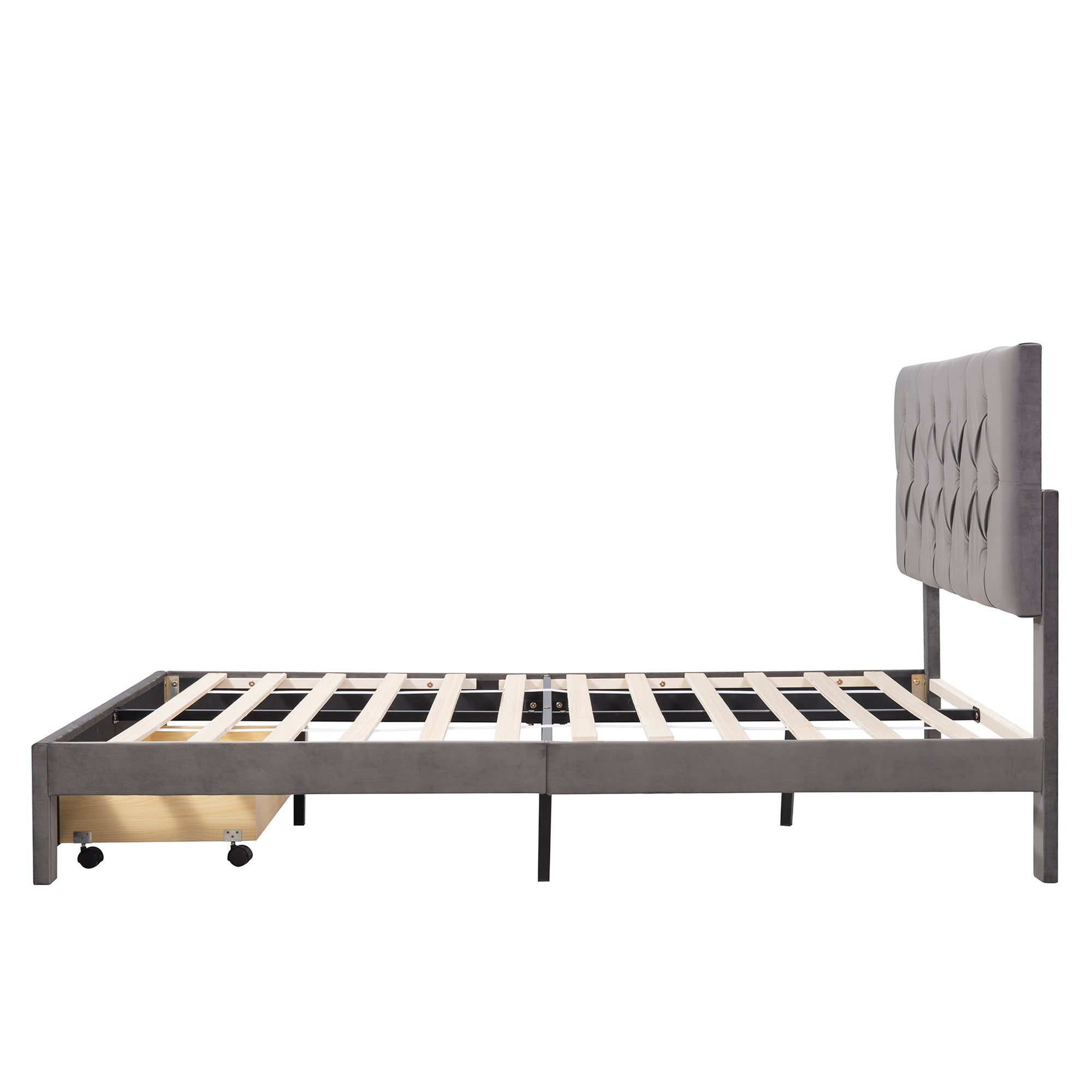 Queen Size Storage Bed Velvet Upholstered Platform Bed with a Big Drawer - Grey - Atlantic Fine Furniture Melbourne FL