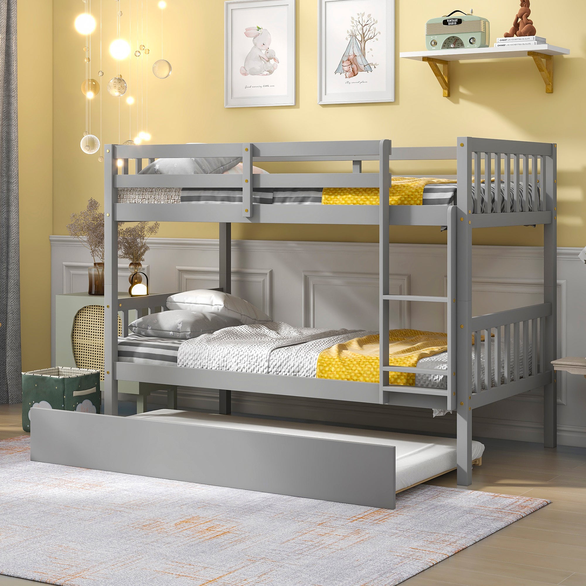 Twin Over Twin Bunk Beds with Trundle, Solid Wood Trundle Bed Frame with Safety Rail and Ladder, Kids/Teens Bedroom, Guest Room Furniture, Can Be converted into 2 Beds,Grey (Old Sku:W504S00027)