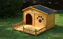 Wooden Dog House Outdoor With Porch, Dog Kennel With Water Resistant Asphalt Roof And Fencing, Indoor & Outdoor Dog Crate With Paw Print, Medium - Nature