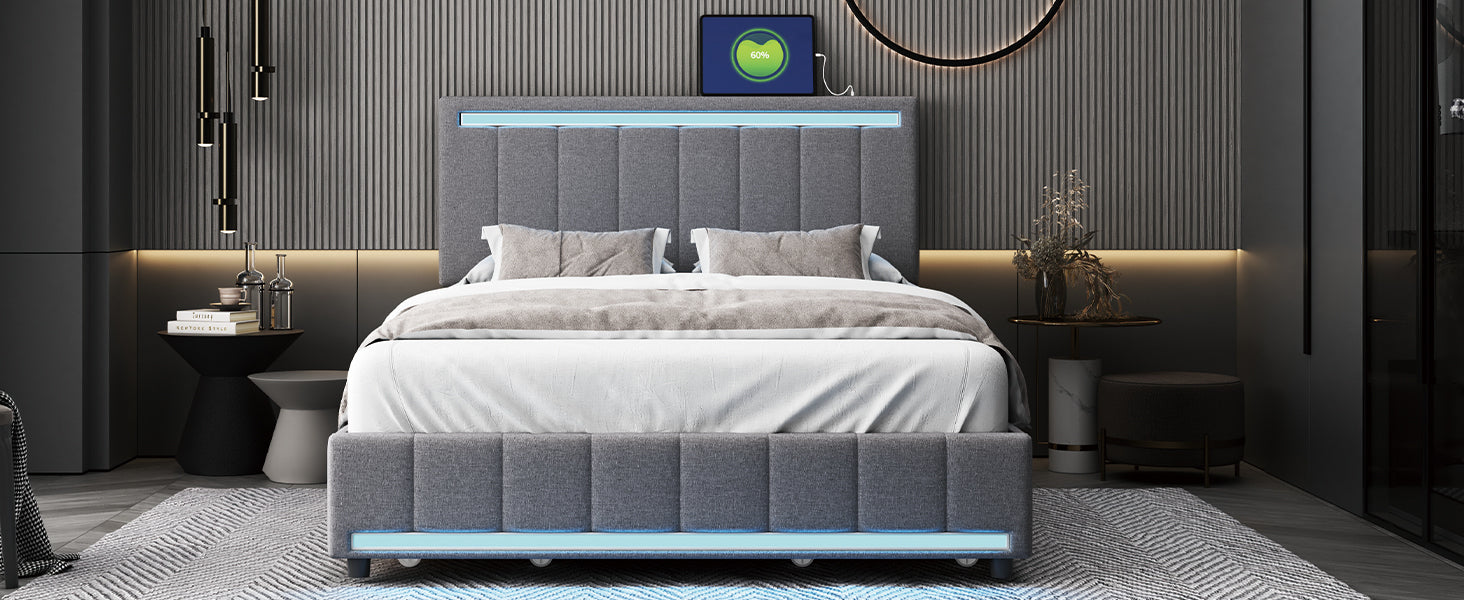 Full Size Upholstered Bed with LED Light and 4 Drawers, Modern Platform Bed with a set of Sockets and USB Ports, Linen Fabric, Gray - Atlantic Fine Furniture Melbourne FL