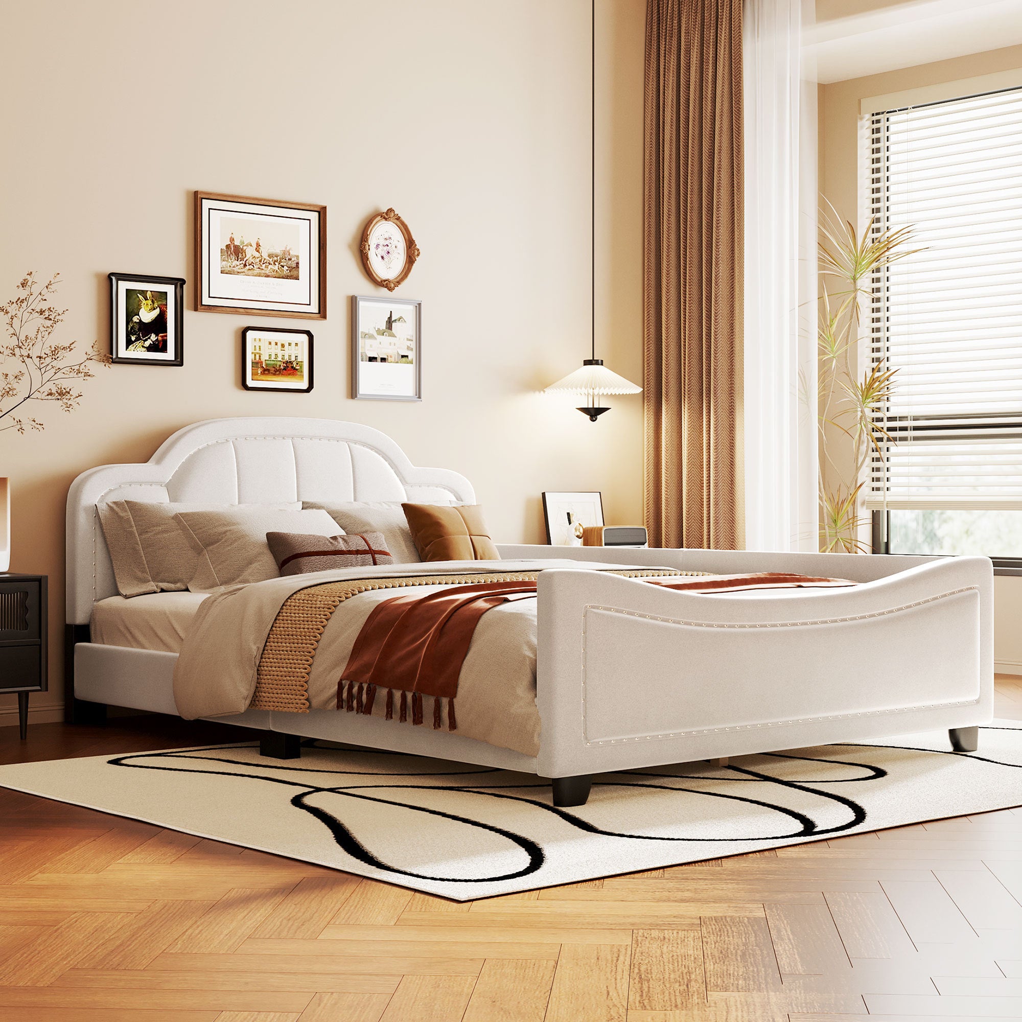 Full Size Upholstered Daybed with Cloud Shaped Headboard, Embedded Elegant Copper Nail Design, Beige - Atlantic Fine Furniture Melbourne FL