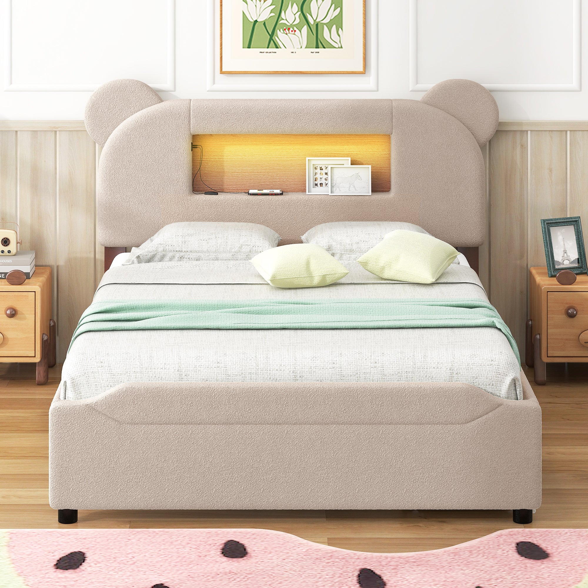 Full Size Upholstered Storage Platform Bed with Cartoon Ears Shaped Headboard, LED and USB, Beige - Atlantic Fine Furniture Melbourne FL