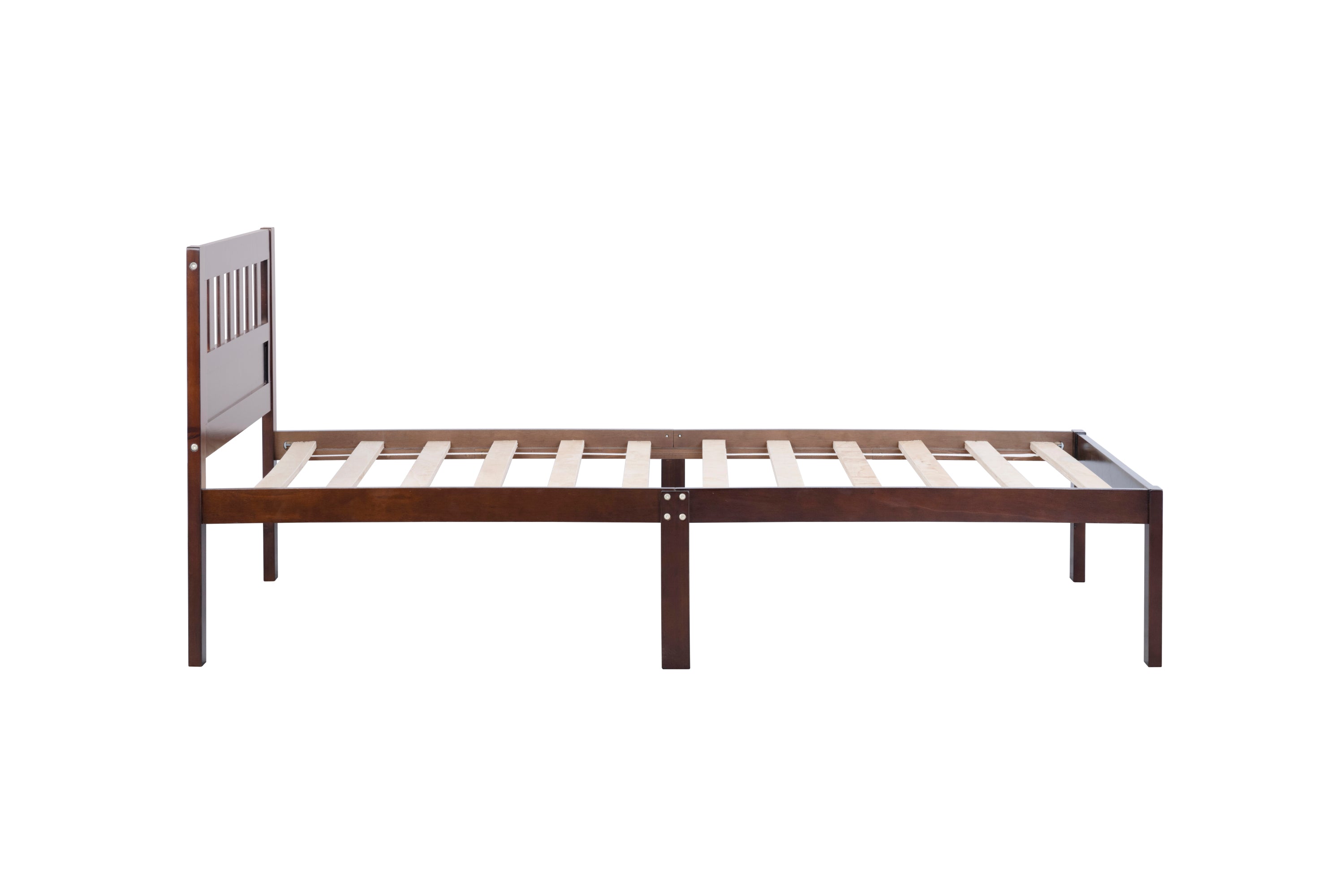 Twin Size Bed, Wood Platform Bed Frame with Headboard For Kids, Slatted, Dark Walnut