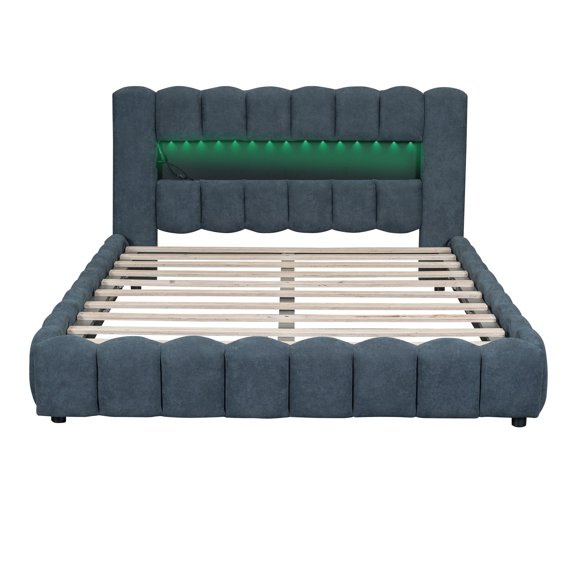 Queen Size Upholstered Platform Bed with LED Headboard and USB, Deep Blue - Atlantic Fine Furniture Melbourne FL