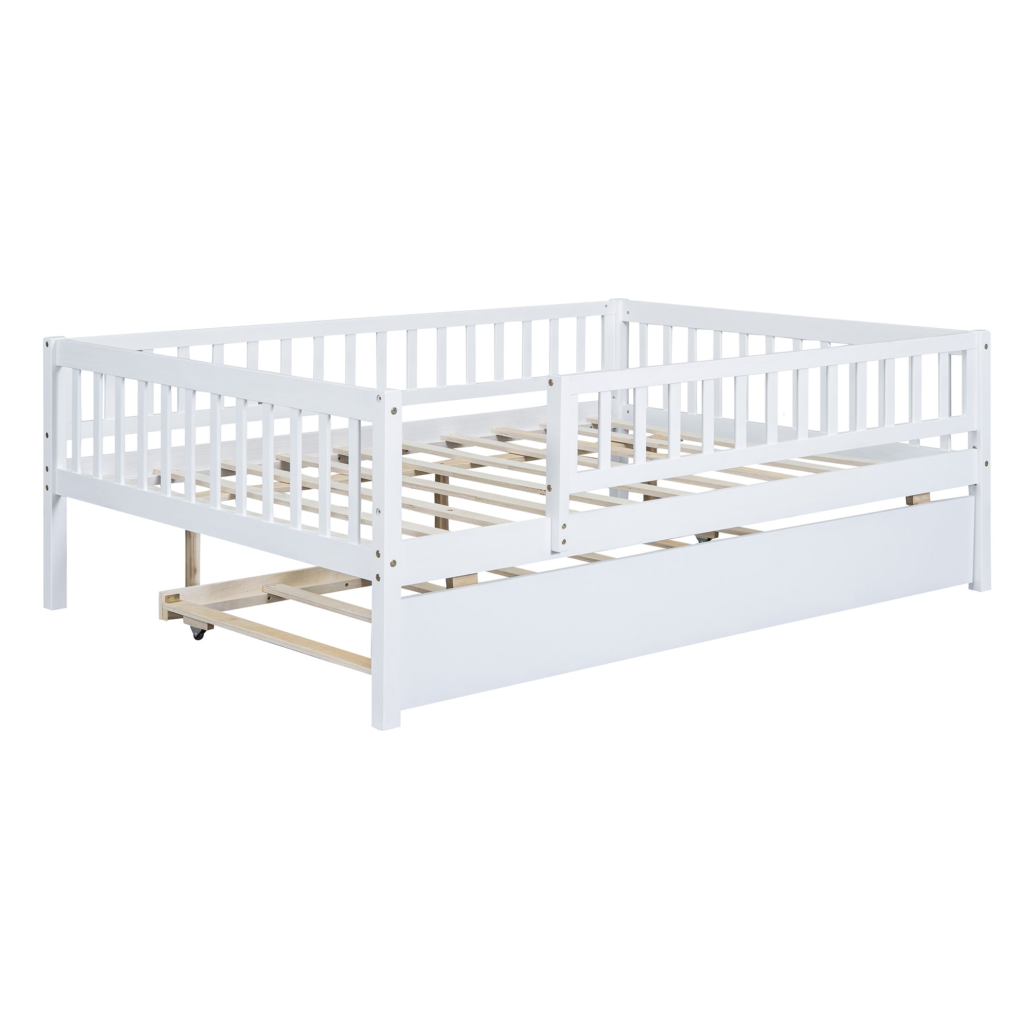 Full Size Wood Daybed with Trundle and Fence Guardrails, White - Atlantic Fine Furniture Melbourne FL