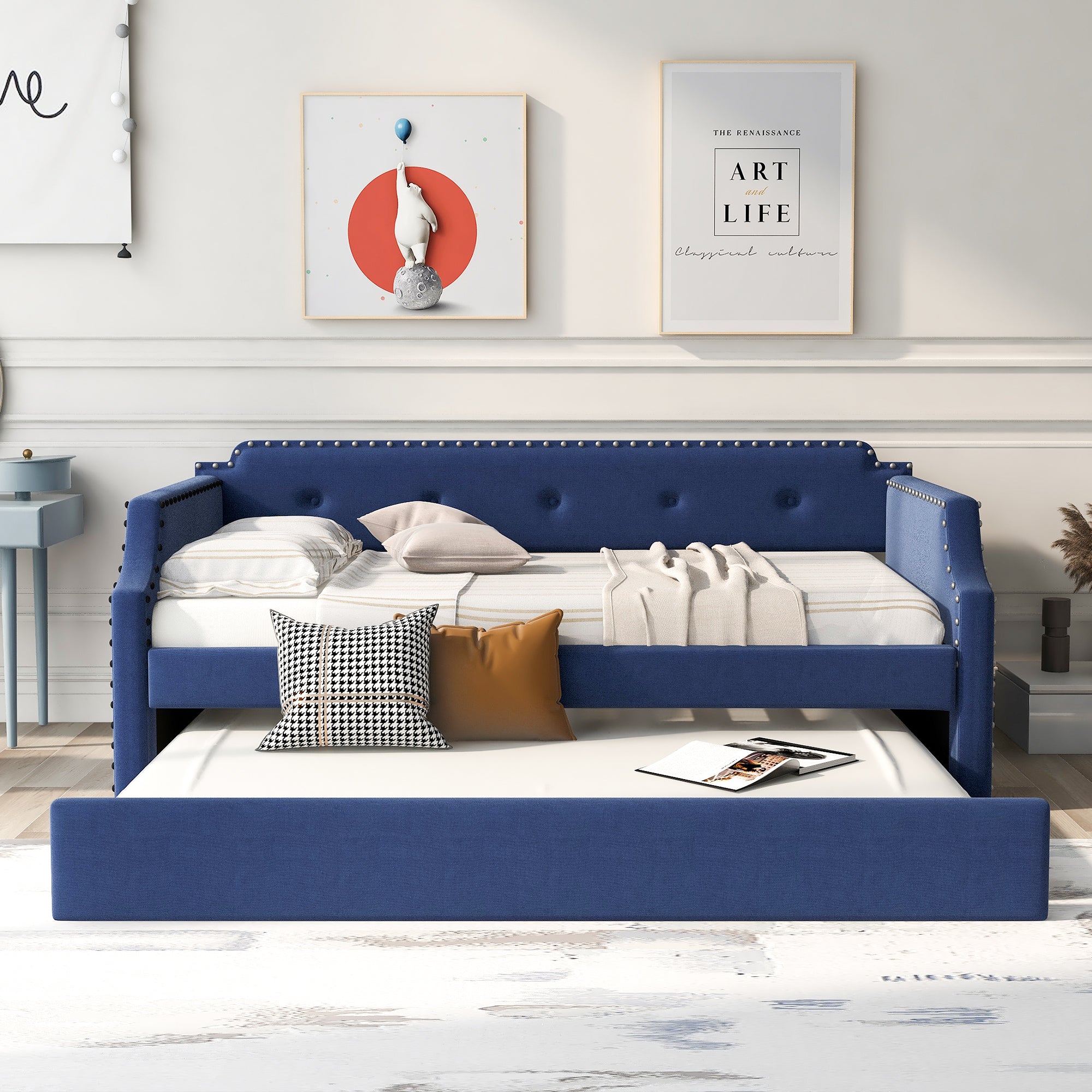 Upholstered Daybed with Trundle, Wood Slat Support,Upholstered Frame Sofa Bed , Twin,Blue - Atlantic Fine Furniture Melbourne FL