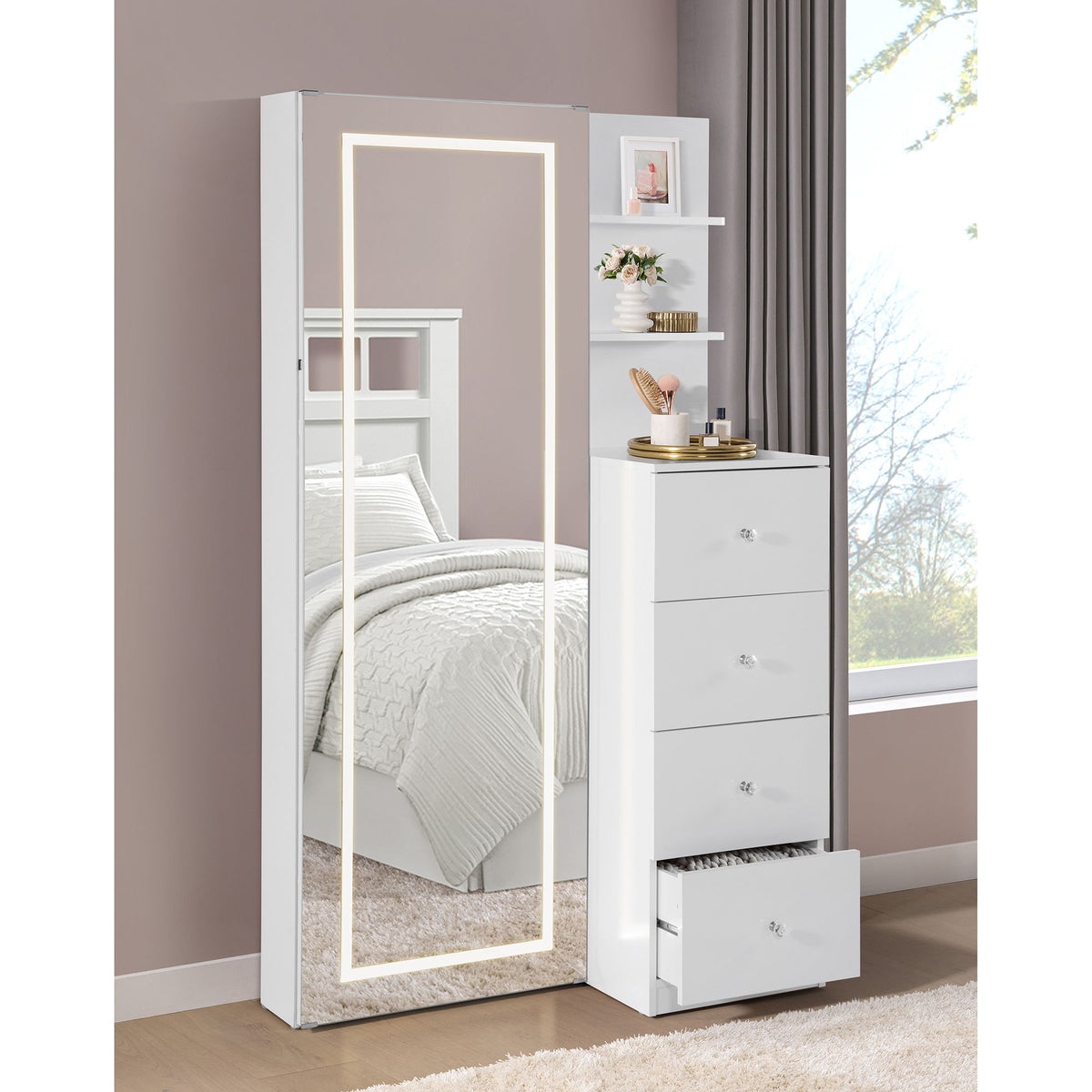 Vancouver Floor Mirror With Storage in White by Elements International, view 2