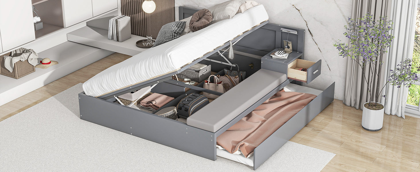 Full Size Wood Storage Hydraulic Platform Bed with Twin Size Trundle, Side Table and Lounge, Gray - Atlantic Fine Furniture Melbourne FL
