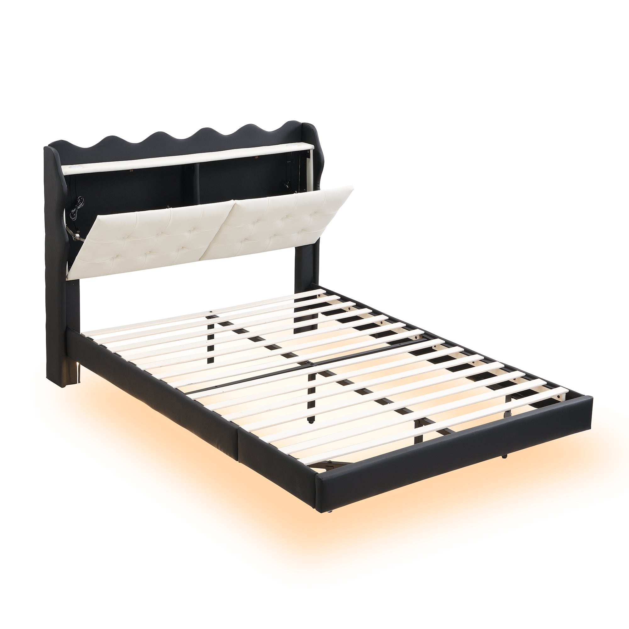 Full Size Upholstery Platform Bed Frame with LED Light Strips and Built-in Storage Space,Black - Atlantic Fine Furniture Melbourne FL