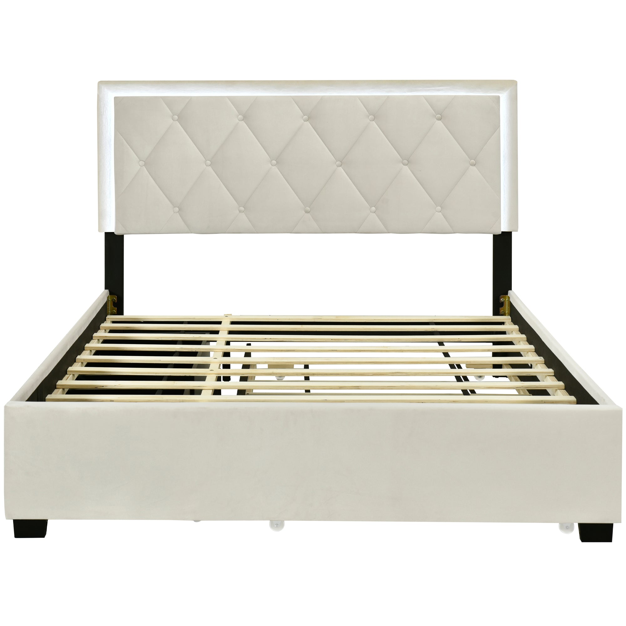 Queen Size Velvet Storage Platform Bed, with 2 Big Drawers, Twin XL Size Trundle and LED Light, Beige - Atlantic Fine Furniture Melbourne FL